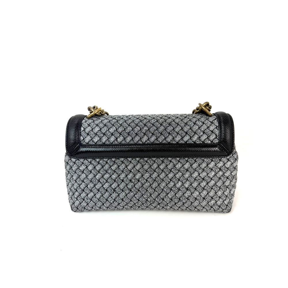 
                  
                    Bottega Veneta Metallic Wool Woven Patent Ayers Olimpia Knot Silver Crossbody Shoulder Bag
                  
                