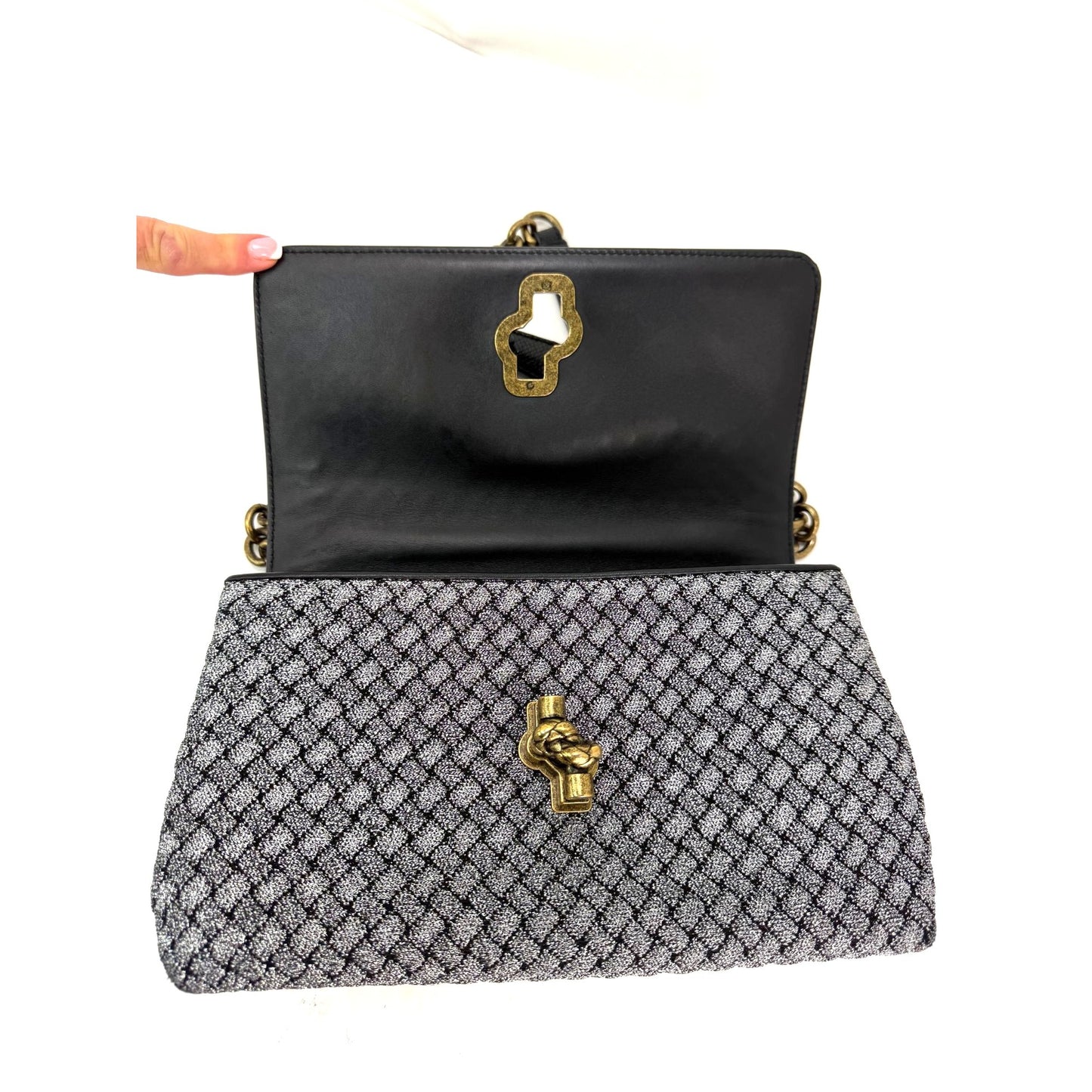 
                  
                    Bottega Veneta Metallic Wool Woven Patent Ayers Olimpia Knot Silver Crossbody Shoulder Bag
                  
                