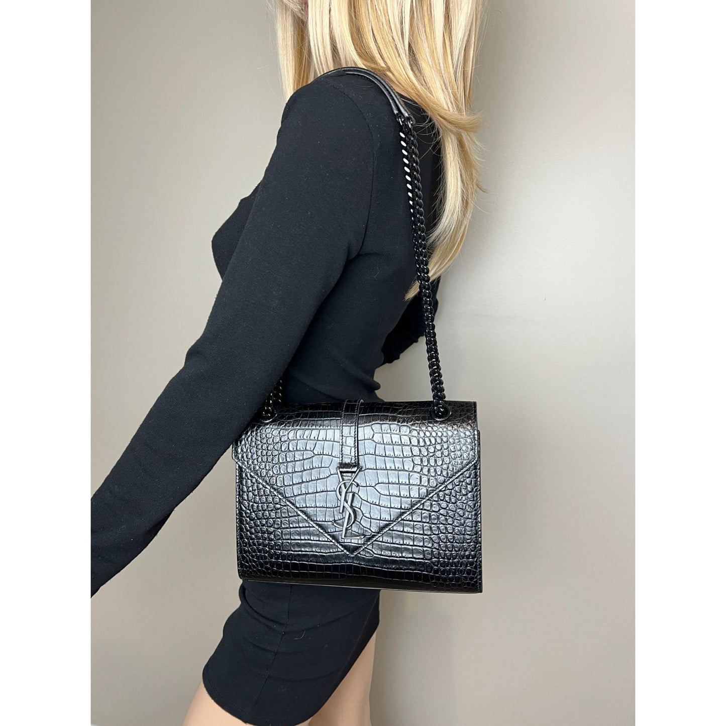 
                  
                    Saint Laurent Embossed Black Leather Envelope Medium Chain Shoulder Bag
                  
                