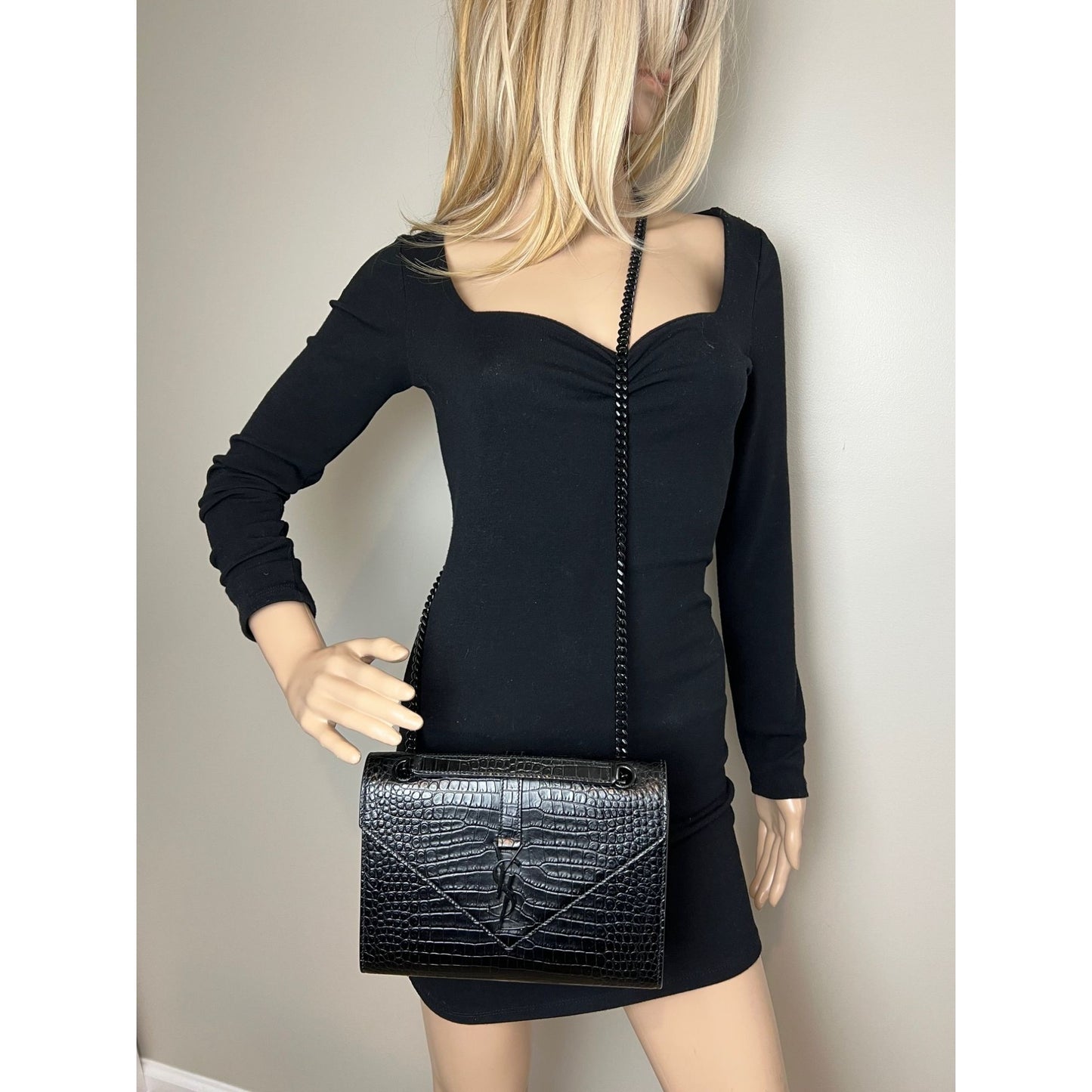 
                  
                    Saint Laurent Embossed Black Leather Envelope Medium Chain Shoulder Bag
                  
                