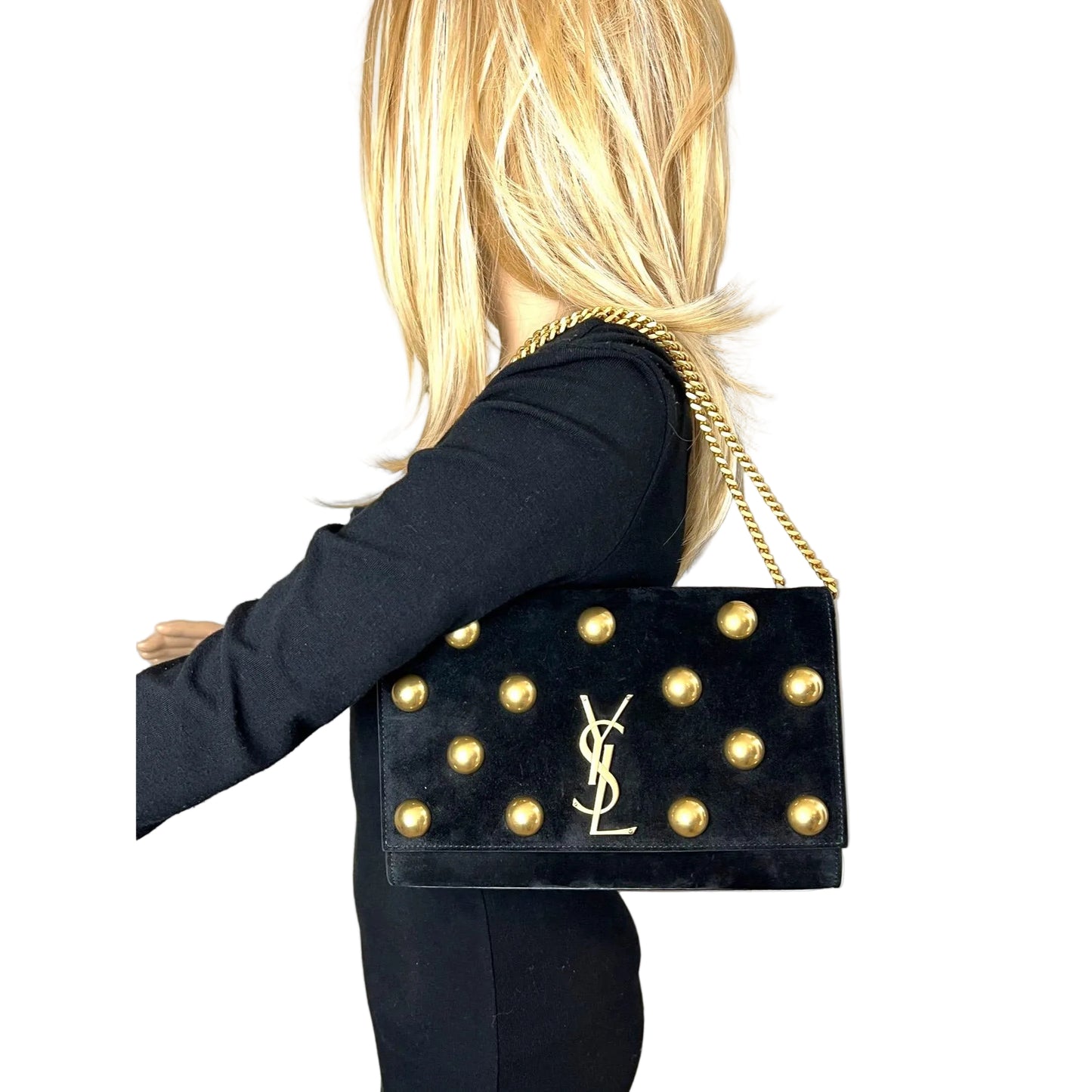 
                  
                    Saint Laurent Medium Kate Black Suede Studded Shoulder Bag
                  
                