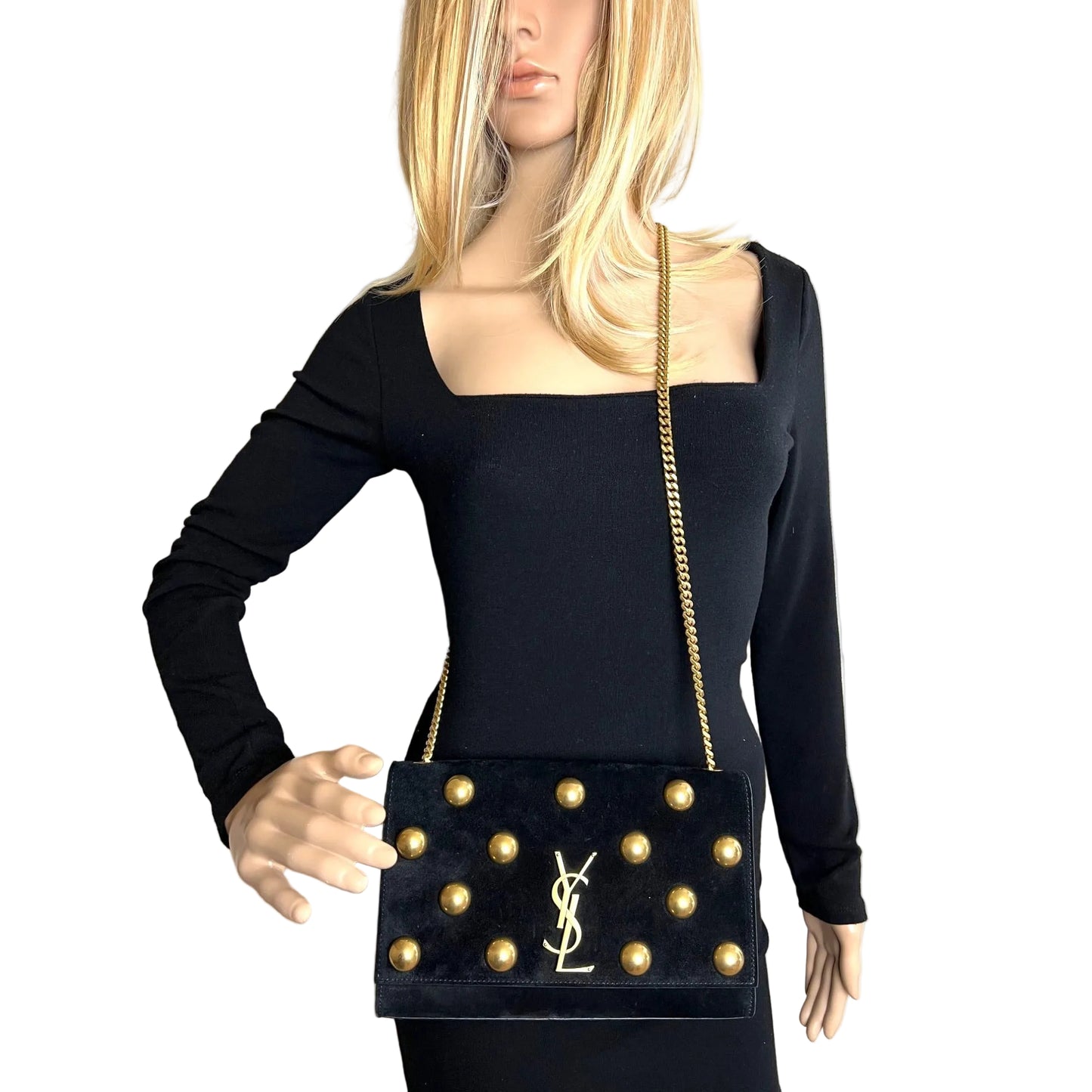 
                  
                    Saint Laurent Medium Kate Black Suede Studded Shoulder Bag
                  
                