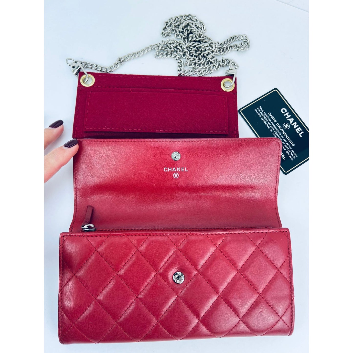 
                  
                    Chanel Lambskin Long Gusset Flap Red  Wallet Crossbody
                  
                