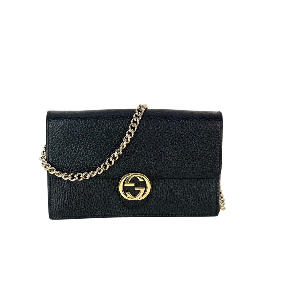 Gucci Interlocking Black Leather Dollar Calfskin GG Wallet on a Chain Clutch Bag