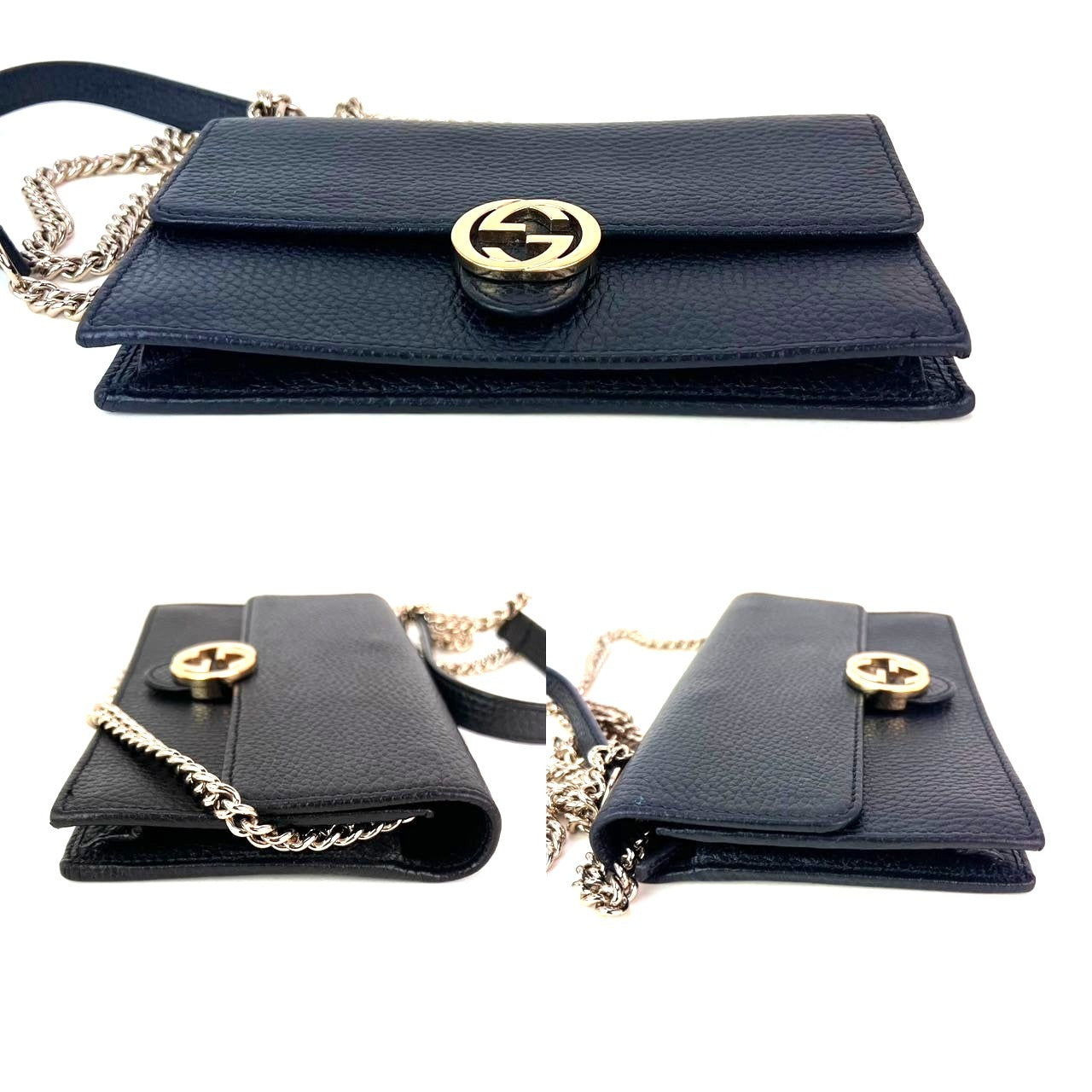 
                  
                    Gucci Interlocking Black Leather Dollar Calfskin GG Wallet on a Chain Clutch Bag
                  
                