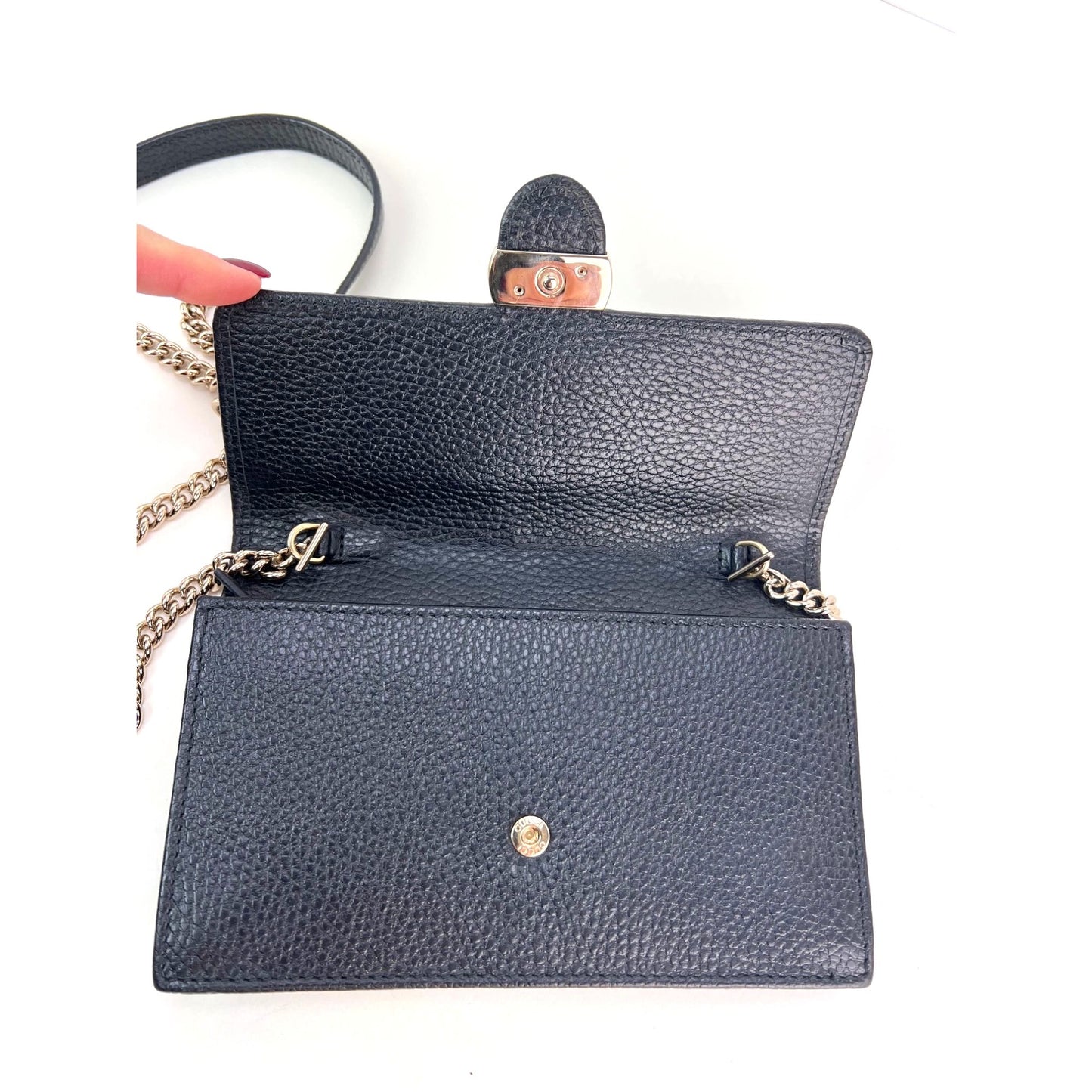 
                  
                    Gucci Interlocking Black Leather Dollar Calfskin GG Wallet on a Chain Clutch Bag
                  
                