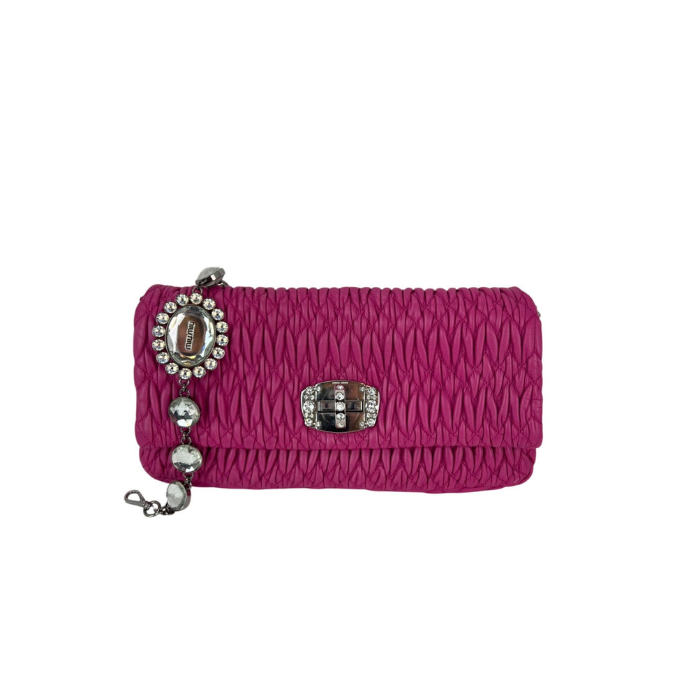 MiuMui Pink Lambskin Nappa Crystal Shoulder Clutch Bag