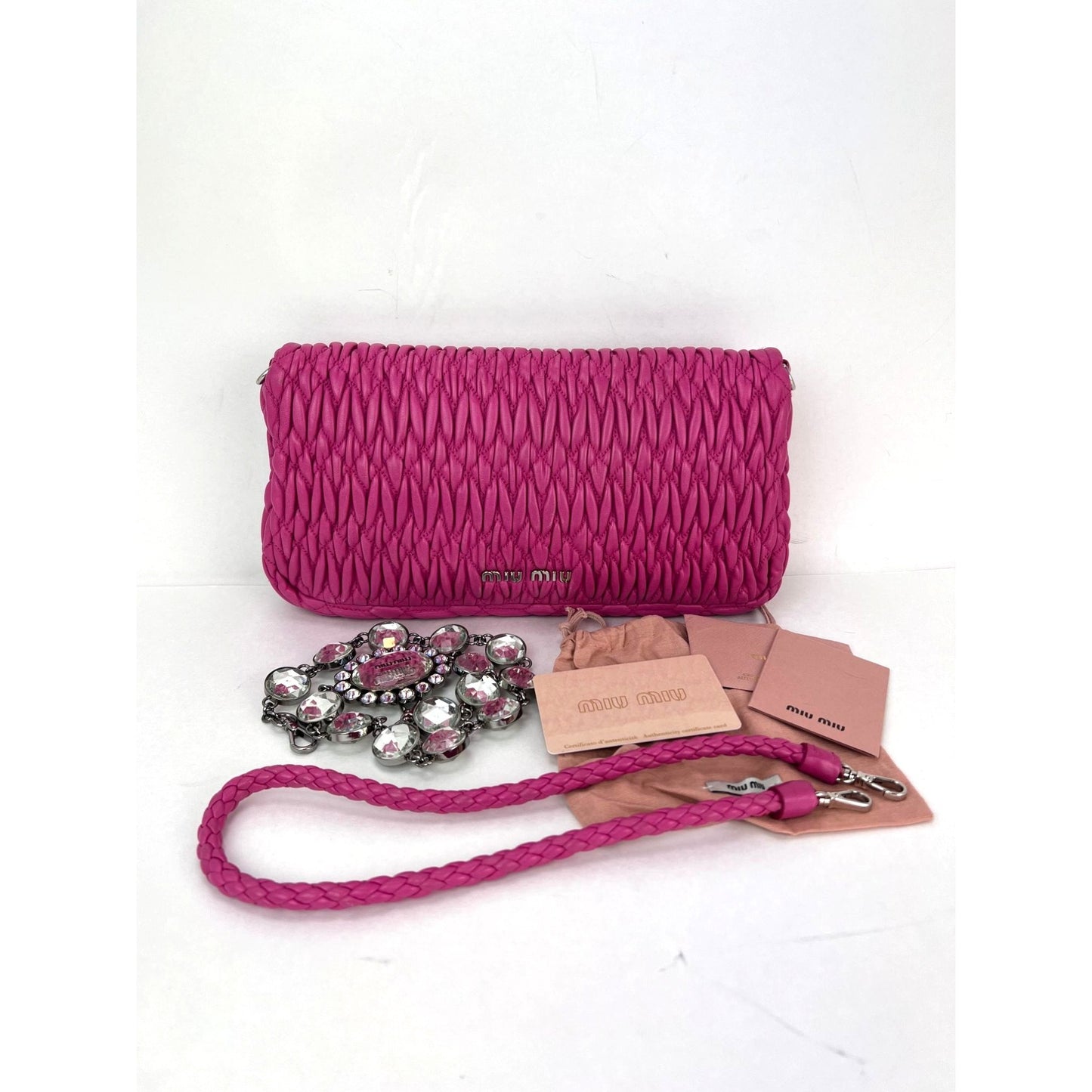 
                  
                    MiuMui Pink Lambskin Nappa Crystal Shoulder Clutch Bag
                  
                