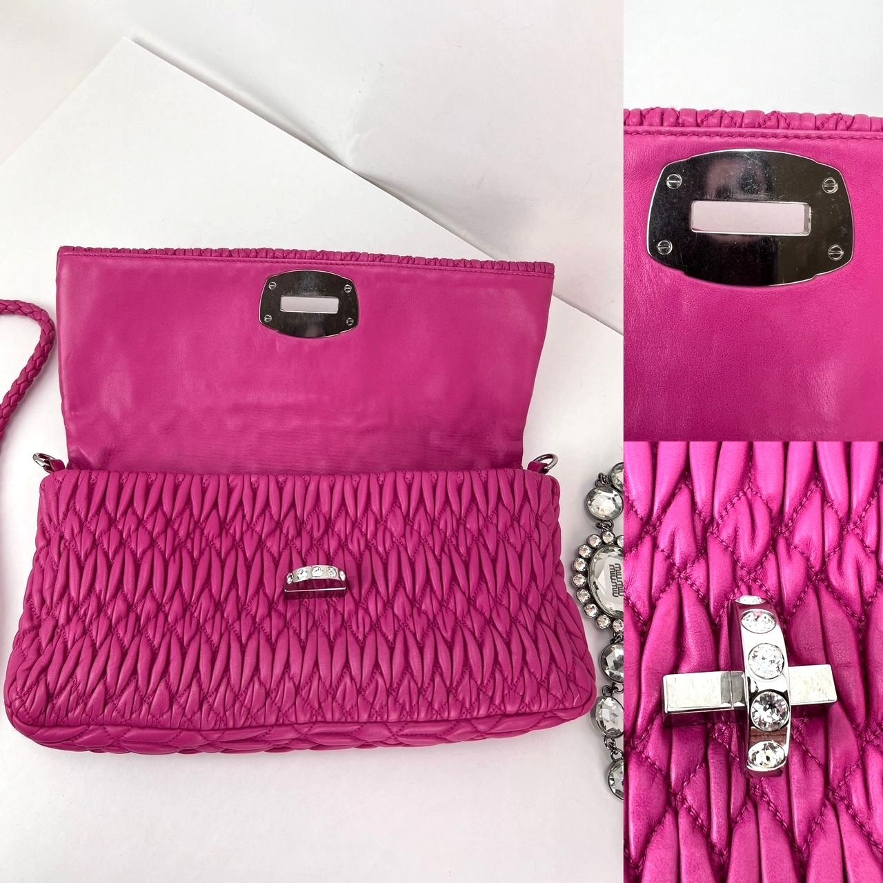 
                  
                    MiuMui Pink Lambskin Nappa Crystal Shoulder Clutch Bag
                  
                