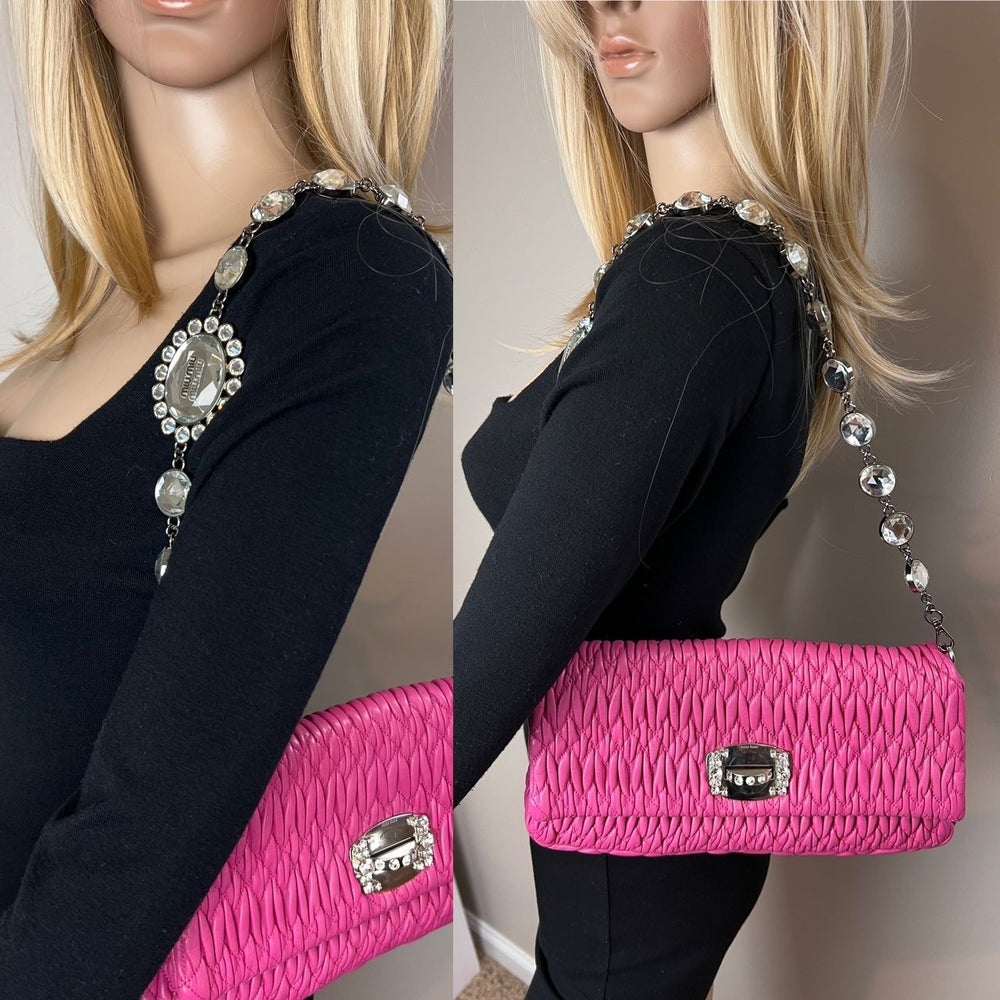 
                  
                    MiuMui Pink Lambskin Nappa Crystal Shoulder Clutch Bag
                  
                