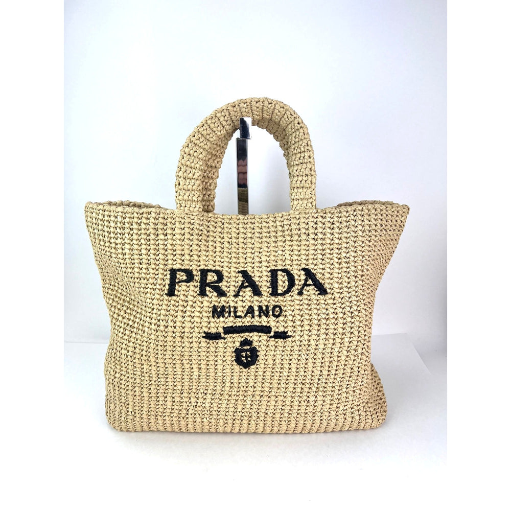 Prada Yarn Raffia Effect Crochet Embroidered Naturale Tote Bag