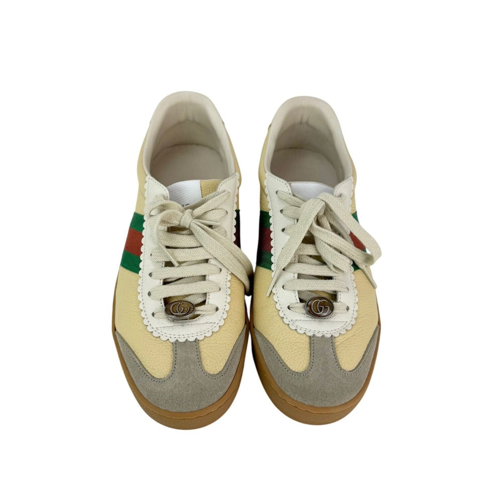 GUCCI G74 Yellow Leather Web Low Oatmeal Women's Sneakers Size 38.5 USA 8.5