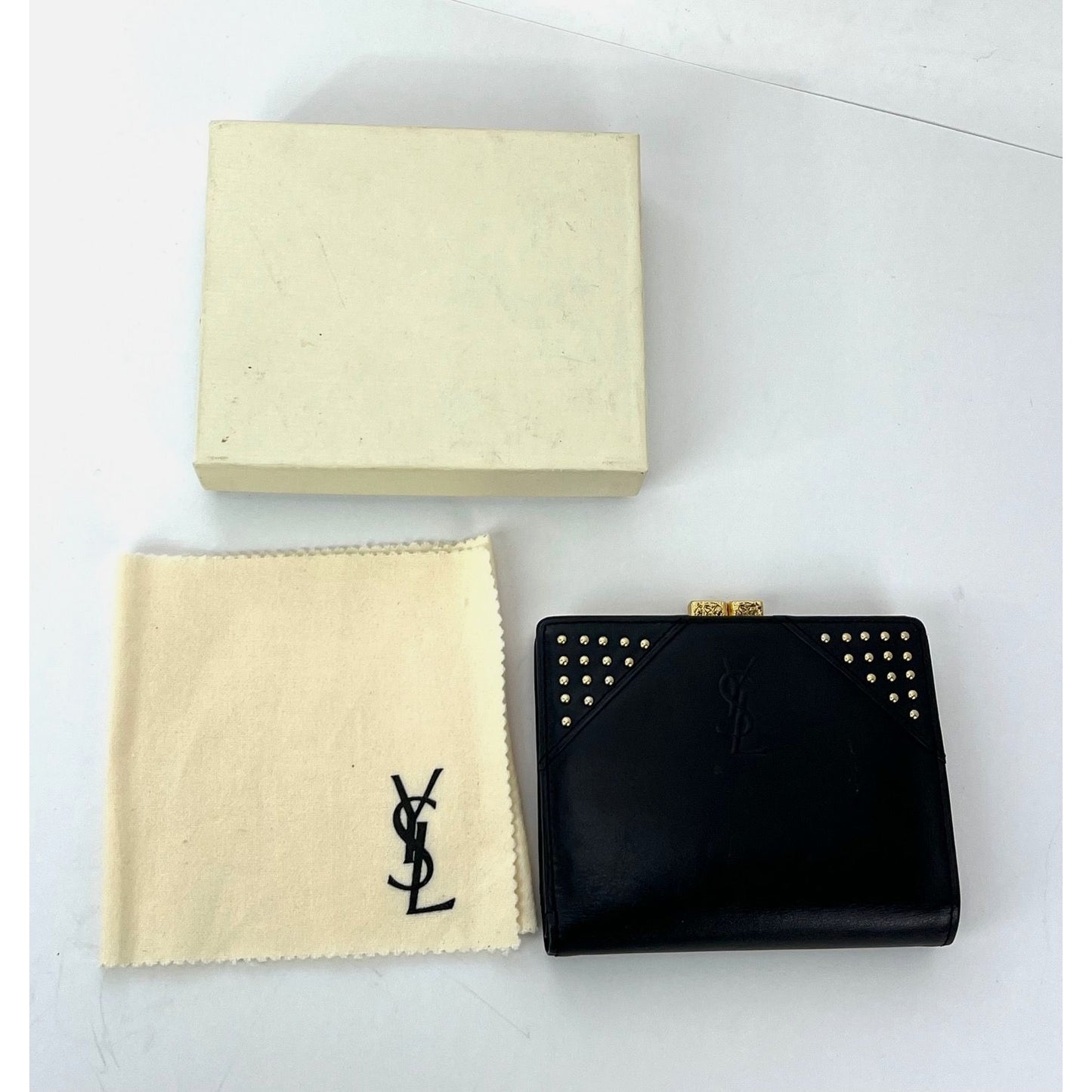 
                  
                    Saint Laurent Lambskin Cassandre Studs Black Leather Vintage Coin Wallet
                  
                