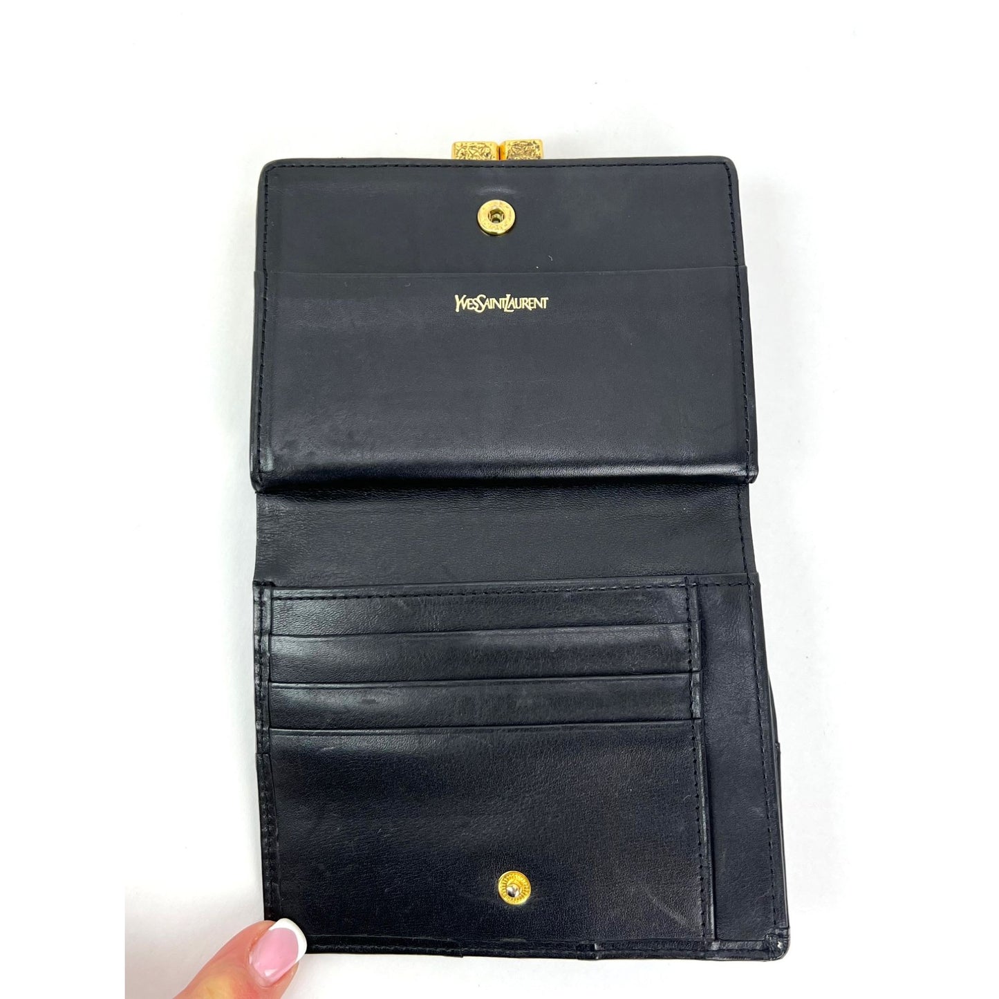 
                  
                    Saint Laurent Lambskin Cassandre Studs Black Leather Vintage Coin Wallet
                  
                