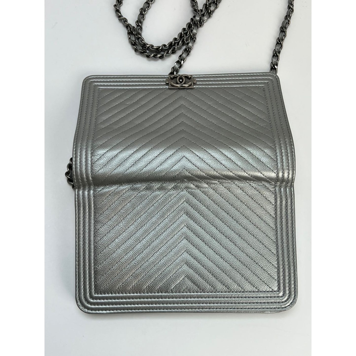 Metallic Silver Quilted Chevron Caviar Small Boy Bag Ruthenium Hardware,  2016
