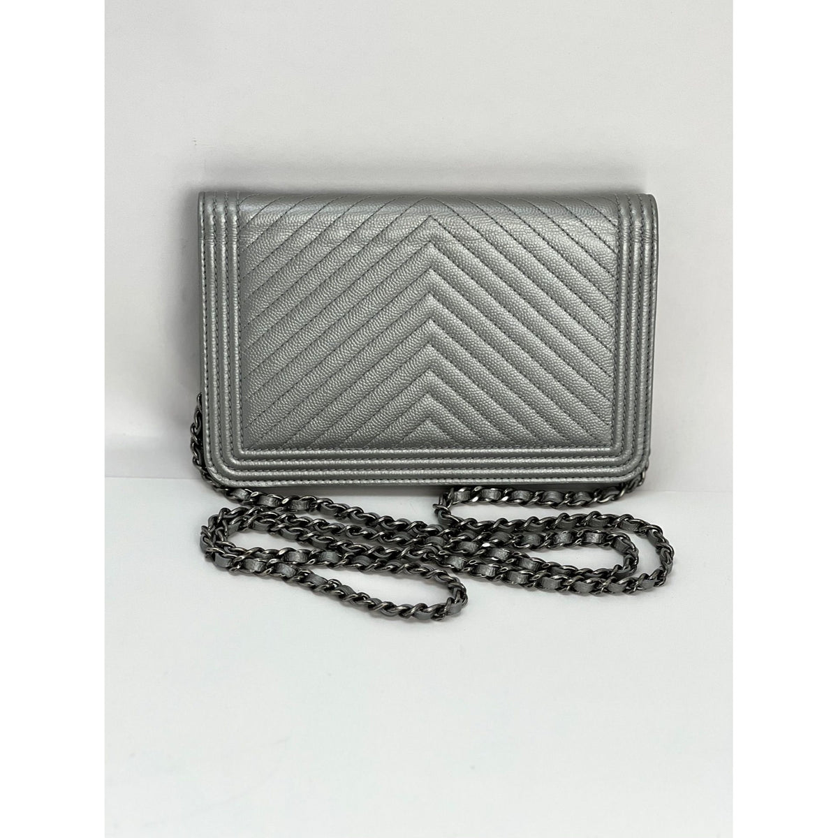 Chanel Silver Caviar Chevron Quilted Boy Wallet on a Chain –  Debsluxurycloset