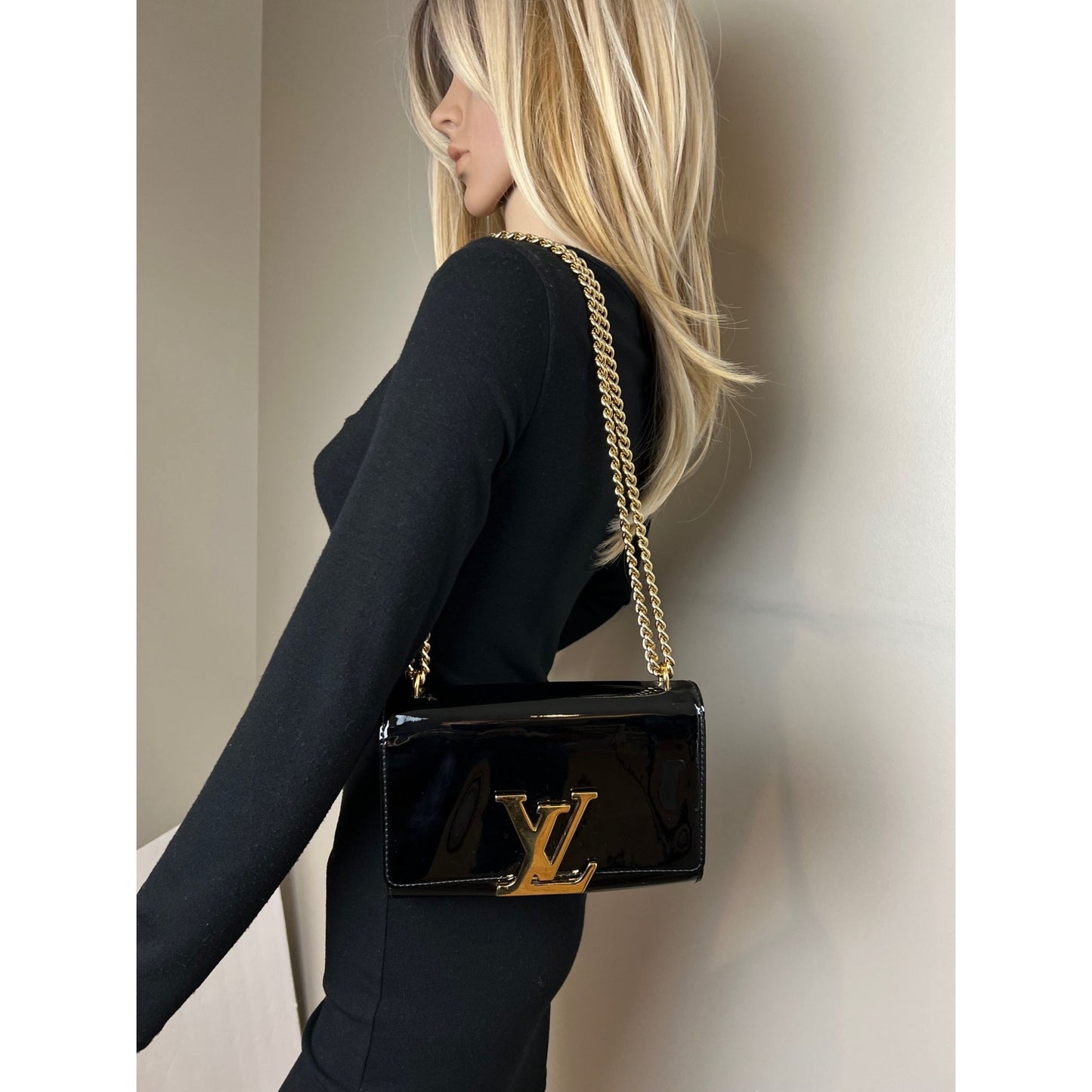 
                  
                    Louis Vuitton Louise MM Chain Black Patent Leather Bag
                  
                