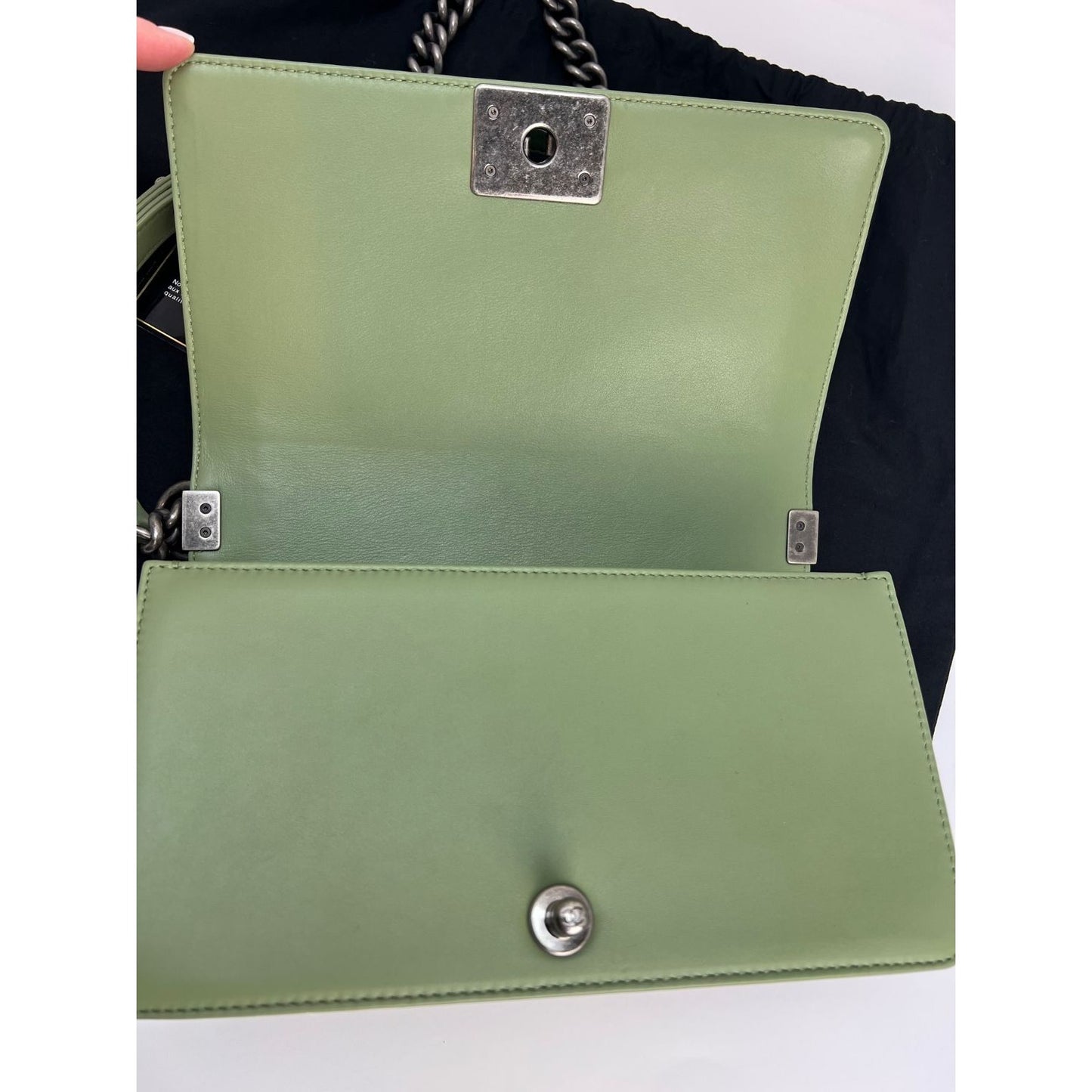 Chanel Calfskin Chevron Quilted Medium Boy Flap Light Green Bag