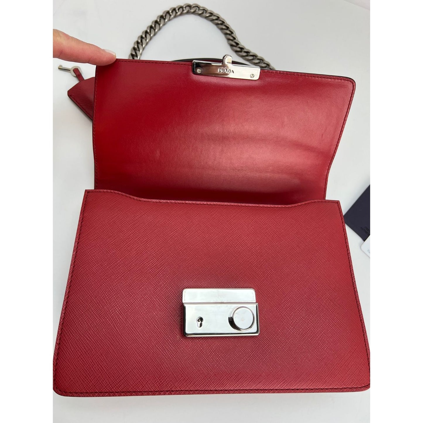 PRADA Saffiano Lux Small Sound Flap Red Chain Shoulder Bag –  Debsluxurycloset