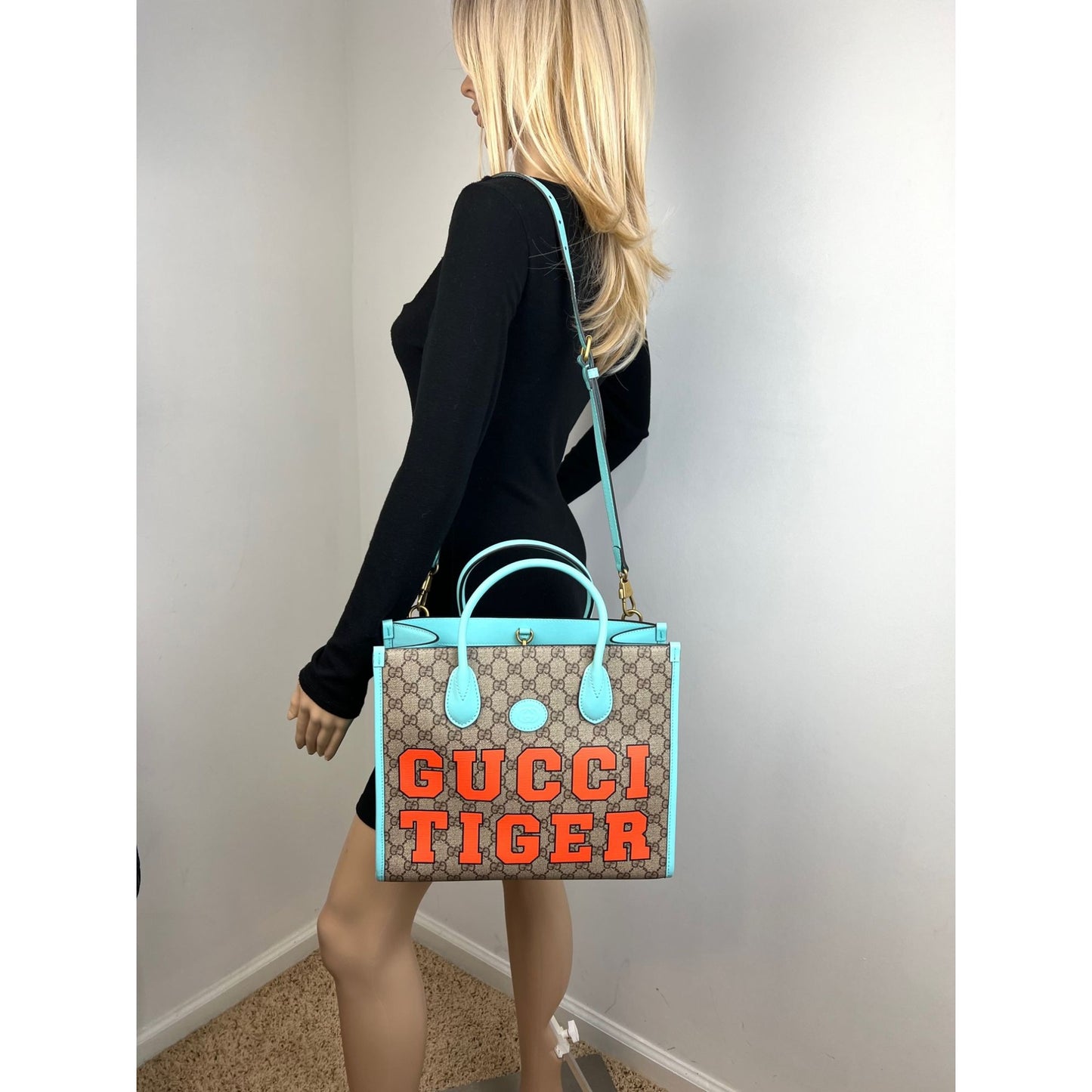 Gucci Tiger Medium Tote Bag Light Blue in Canvas/Leather with Gold