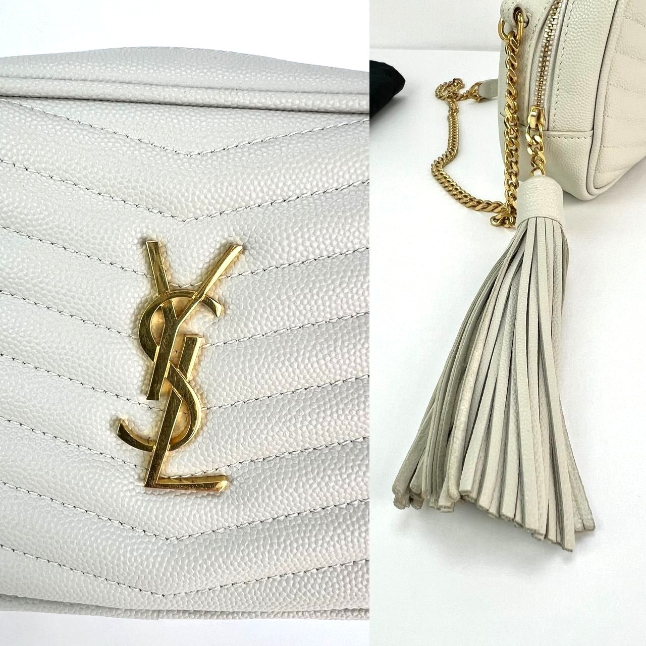 
                  
                    Saint Laurent Mini Lou Camera Grain De Poudre Matelasse White Shoulder Bag
                  
                