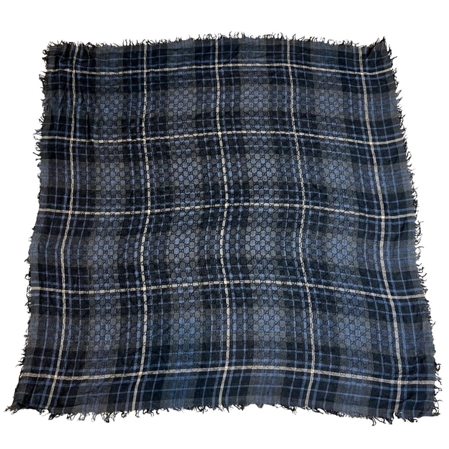 
                  
                    Gucci Plaid GG Supreme Wool Silk Blue Black Big Scarf Fringe
                  
                