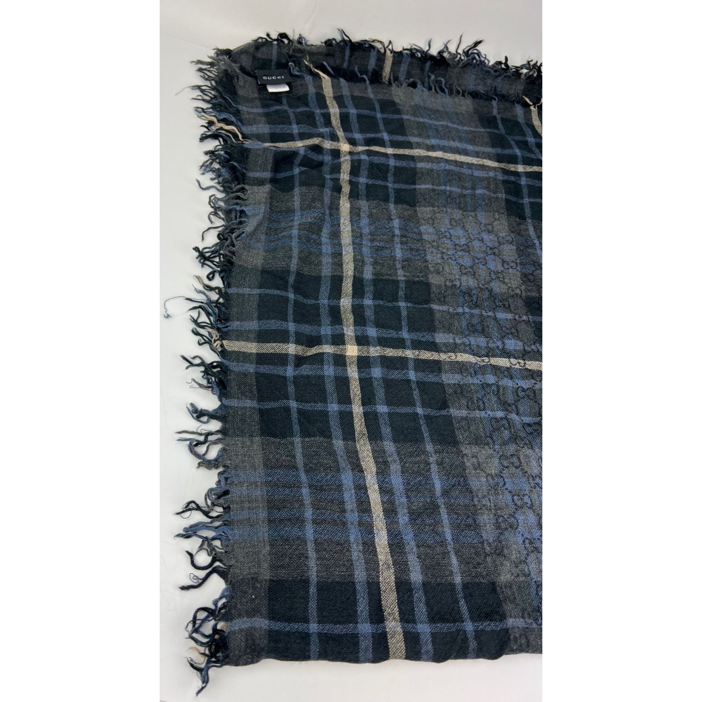 
                  
                    Gucci Plaid GG Supreme Wool Silk Blue Black Big Scarf Fringe
                  
                