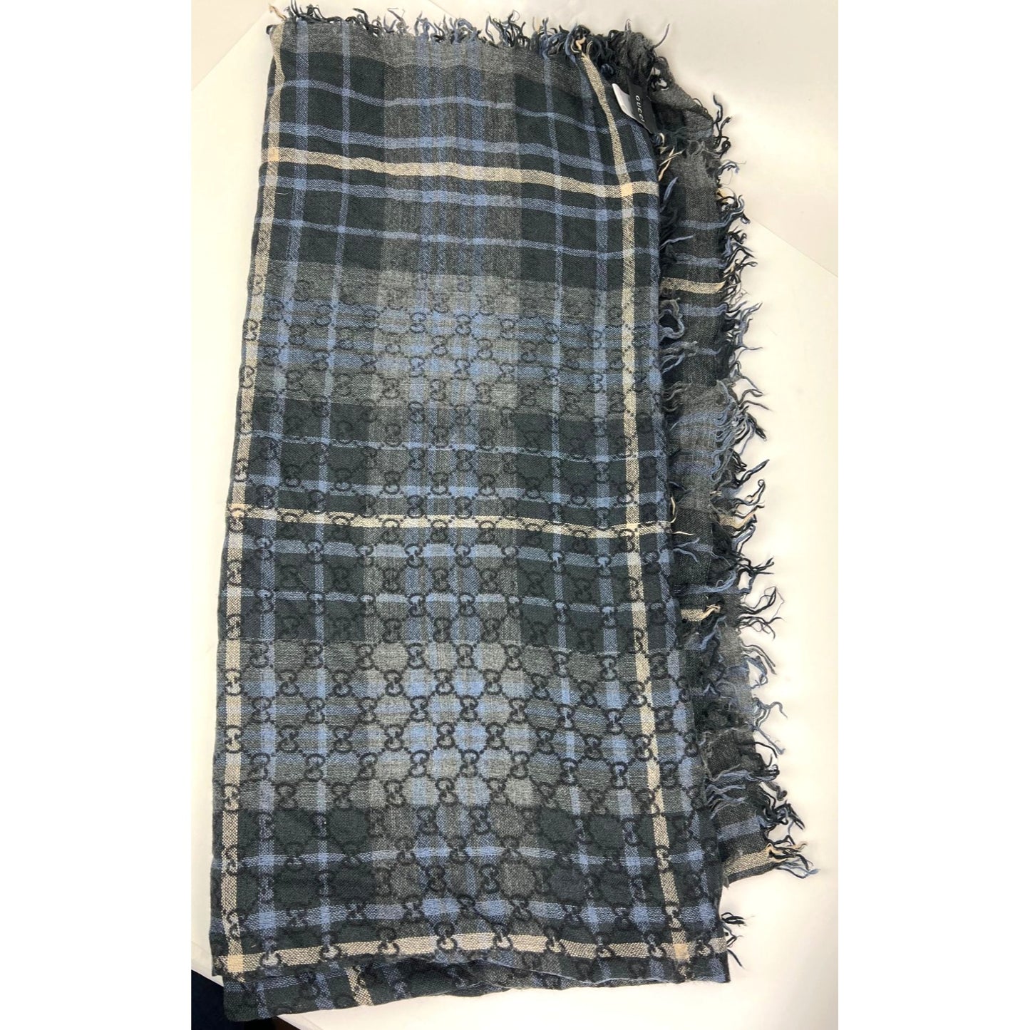 
                  
                    Gucci Plaid GG Supreme Wool Silk Blue Black Big Scarf Fringe
                  
                