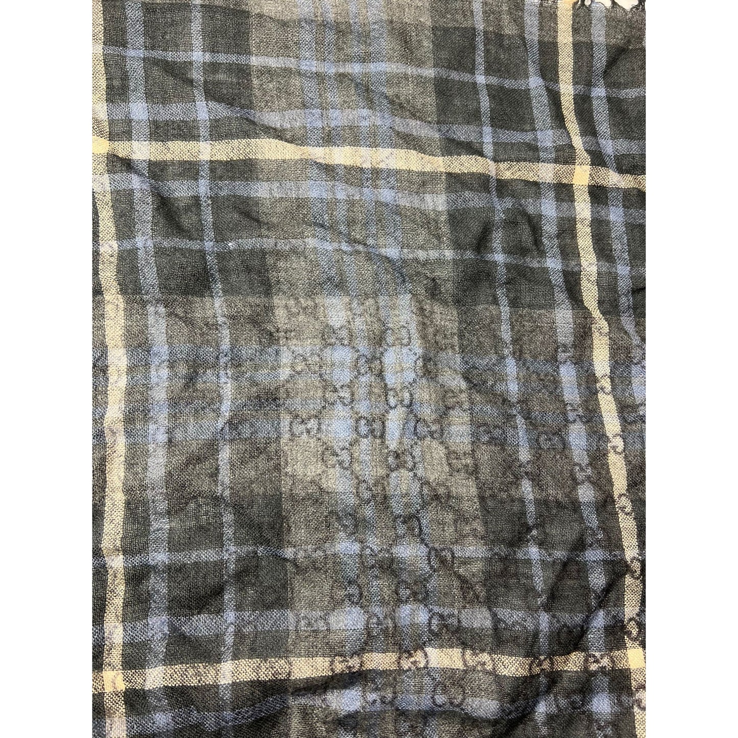 
                  
                    Gucci Plaid GG Supreme Wool Silk Blue Black Big Scarf Fringe
                  
                