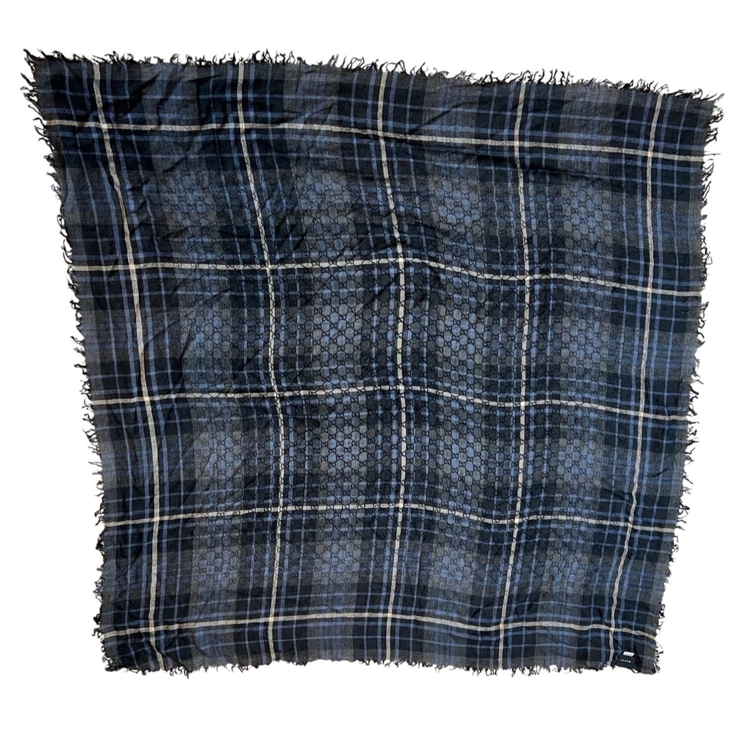 
                  
                    Gucci Plaid GG Supreme Wool Silk Blue Black Big Scarf Fringe
                  
                
