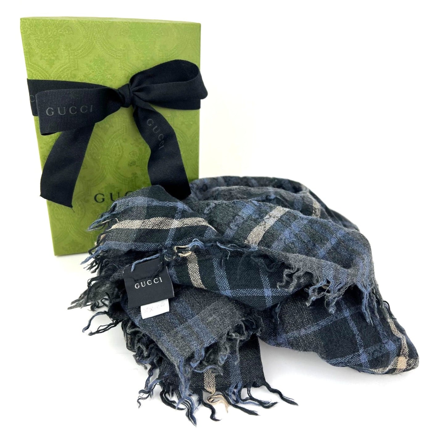 
                  
                    Gucci Plaid GG Supreme Wool Silk Blue Black Big Scarf Fringe
                  
                