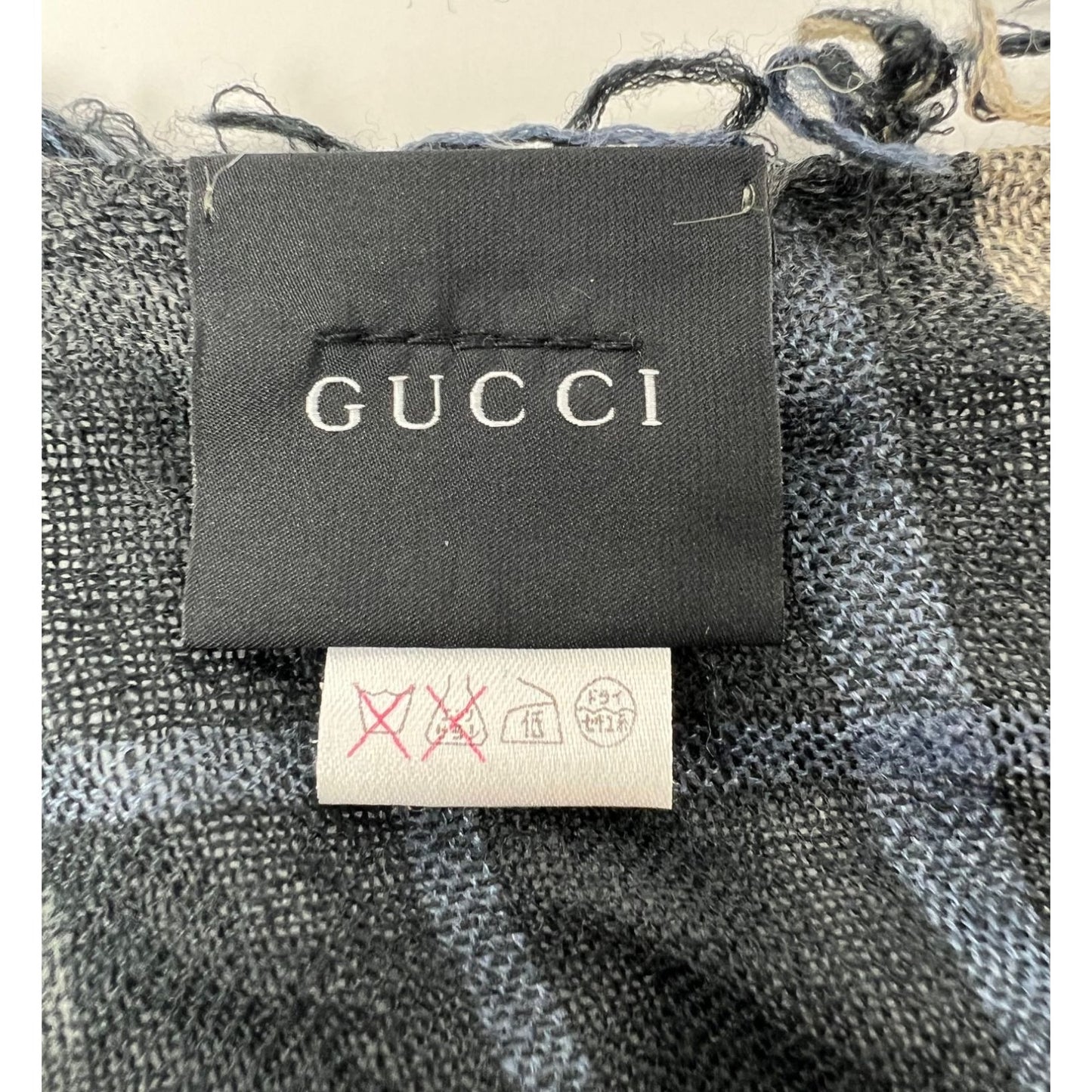 
                  
                    Gucci Plaid GG Supreme Wool Silk Blue Black Big Scarf Fringe
                  
                