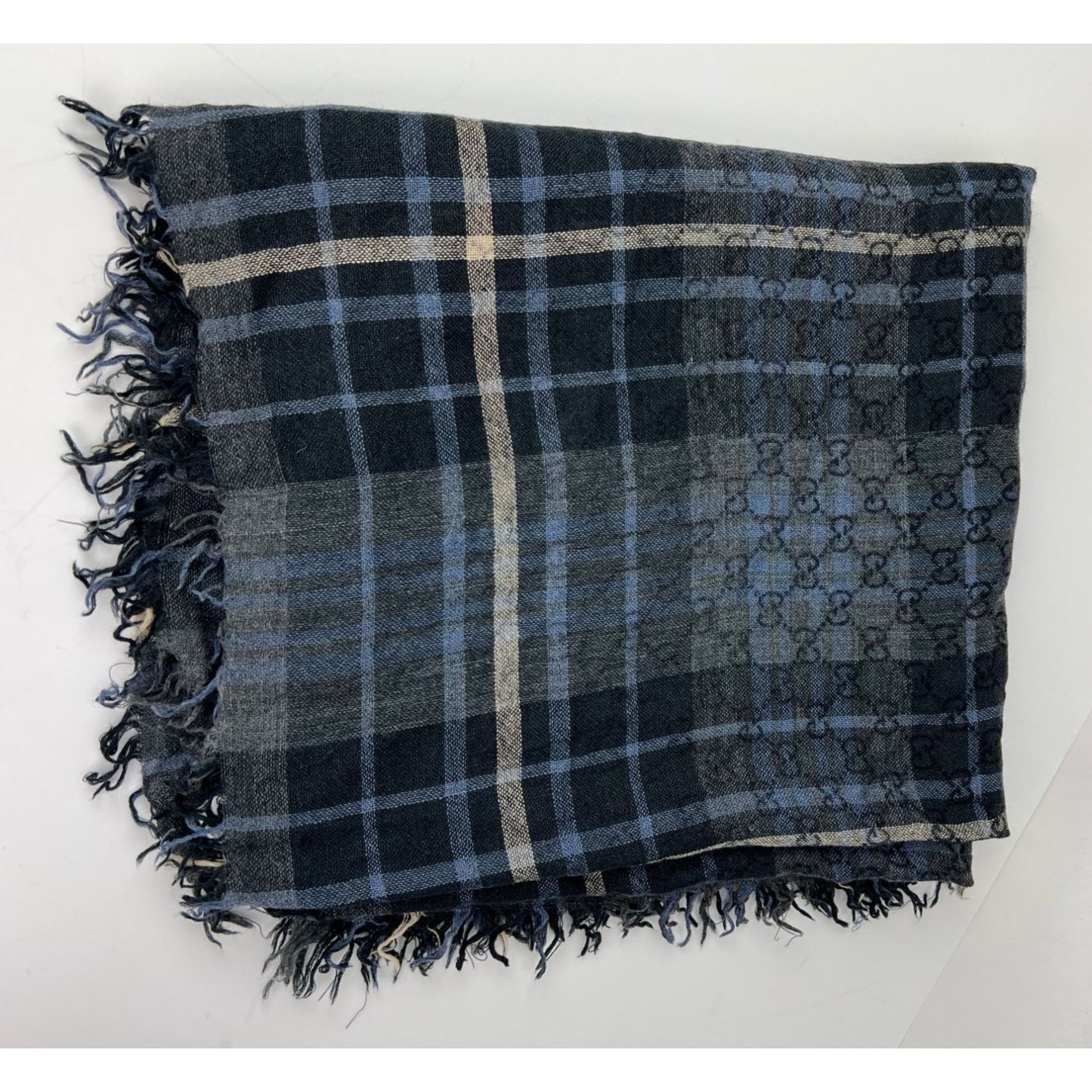 
                  
                    Gucci Plaid GG Supreme Wool Silk Blue Black Big Scarf Fringe
                  
                