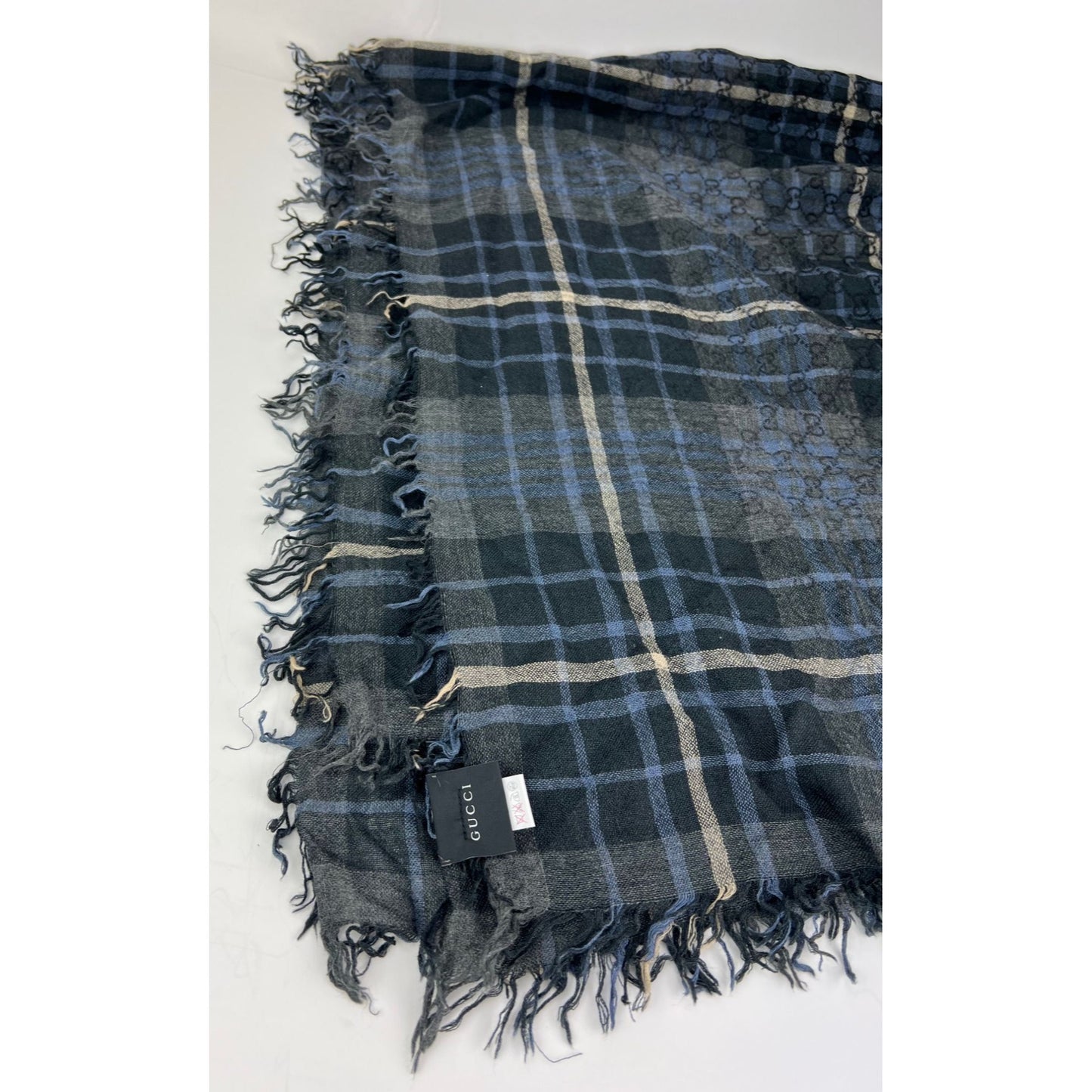 
                  
                    Gucci Plaid GG Supreme Wool Silk Blue Black Big Scarf Fringe
                  
                