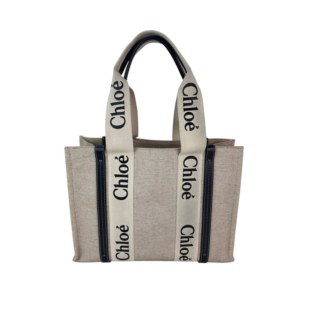 Chloe Woody Ribbon Medium Cotton Calfskin Beige Tote Bag