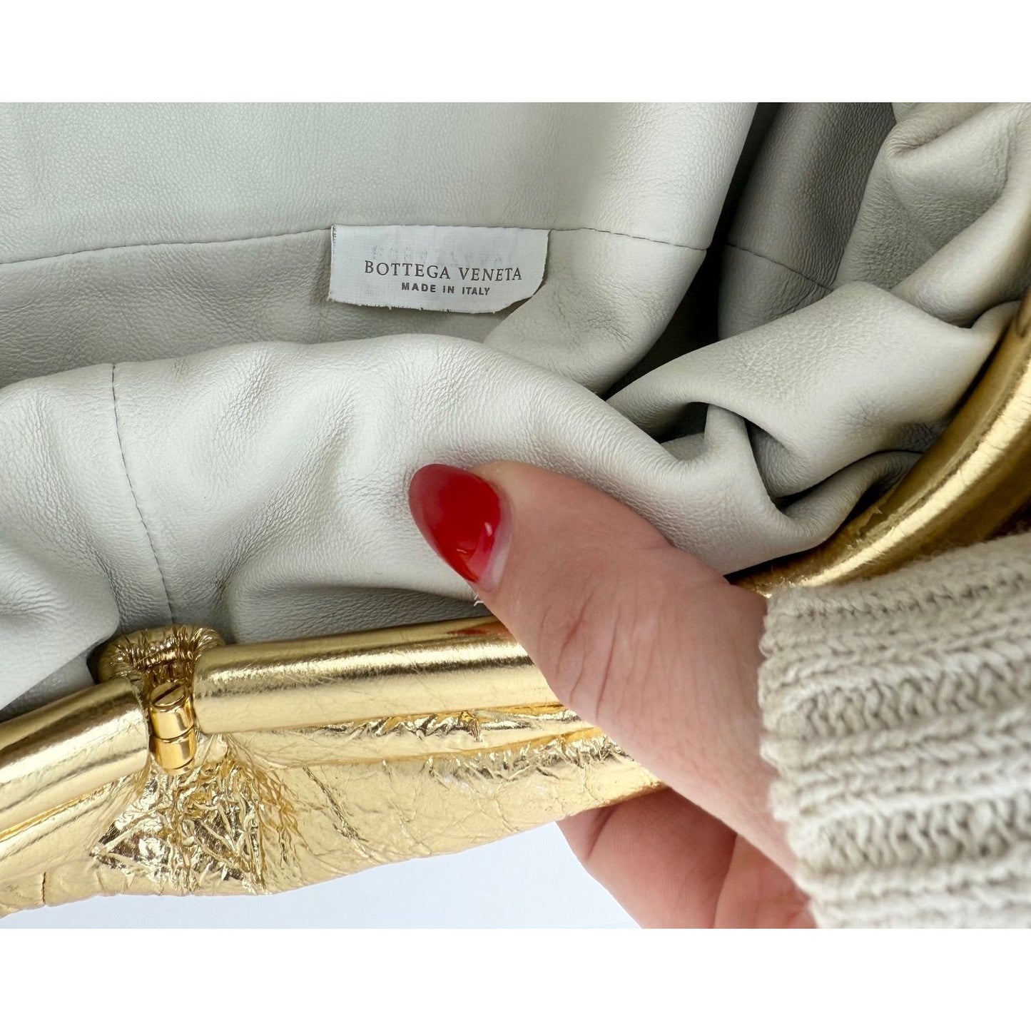 
                  
                    Bottega Veneta Metallic Gold Crinkled Lambskin The Pouch Oversized Clutch Bag
                  
                