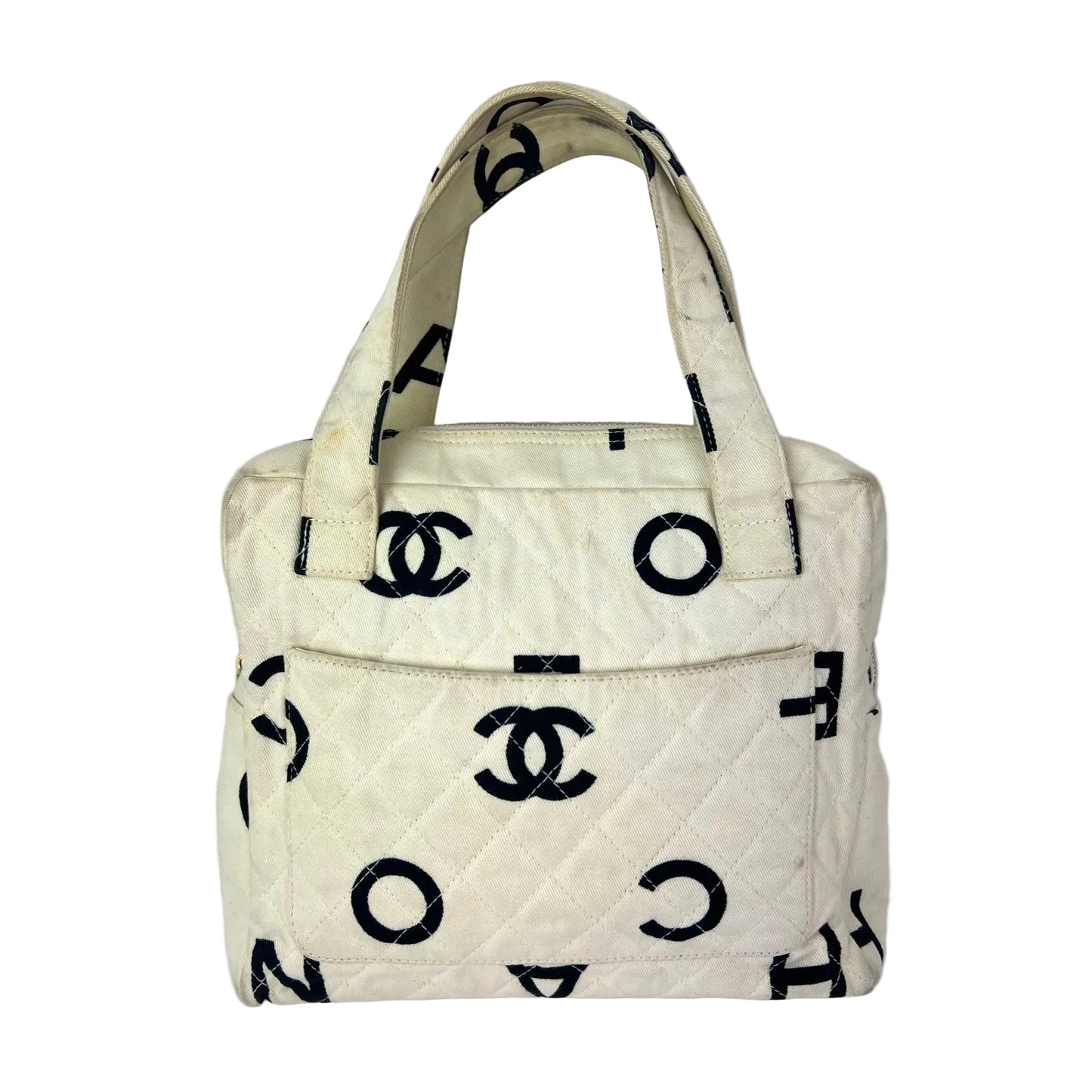 
                  
                    Chanel Matelasse Logo Ivory Cotton Canvas Vintage Hand Bag
                  
                