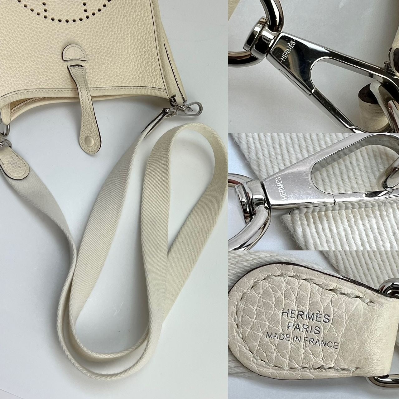 
                  
                    Hermes Taurillon Clemence evelyne TPM Nata White Crossbody Bag
                  
                