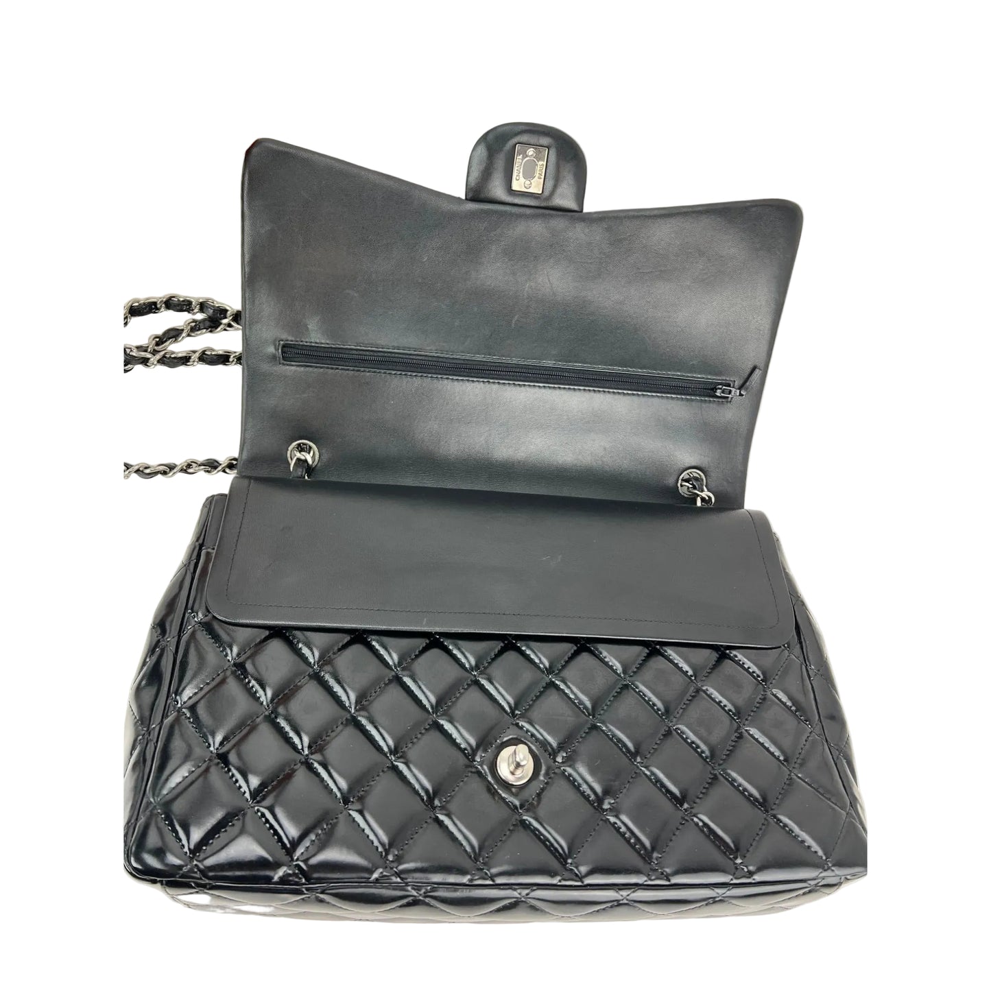 
                  
                    Chanel Double Flap Black Patent Leather Maxi Shoulder Bag
                  
                