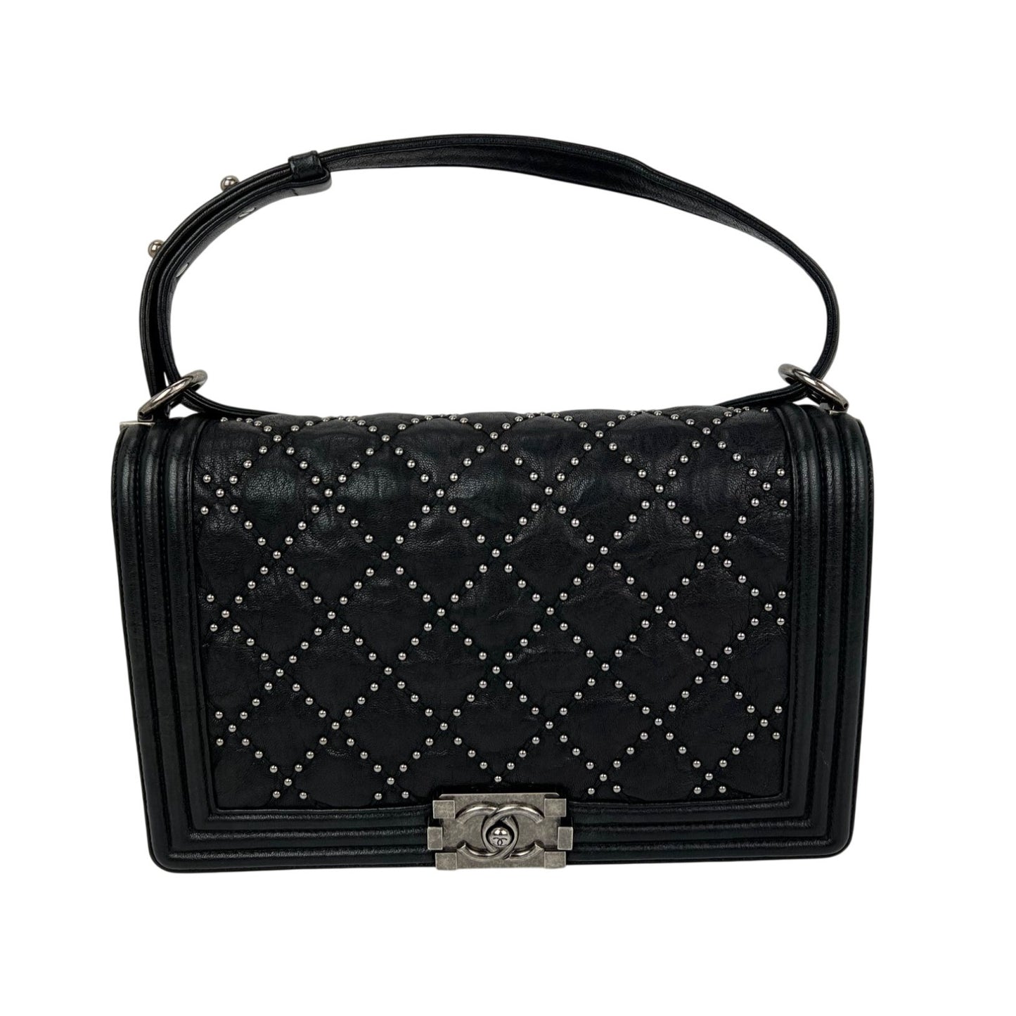 
                  
                    Chanel Crumpled Lambskin New Medium Studded Black Boy Flap Bag
                  
                