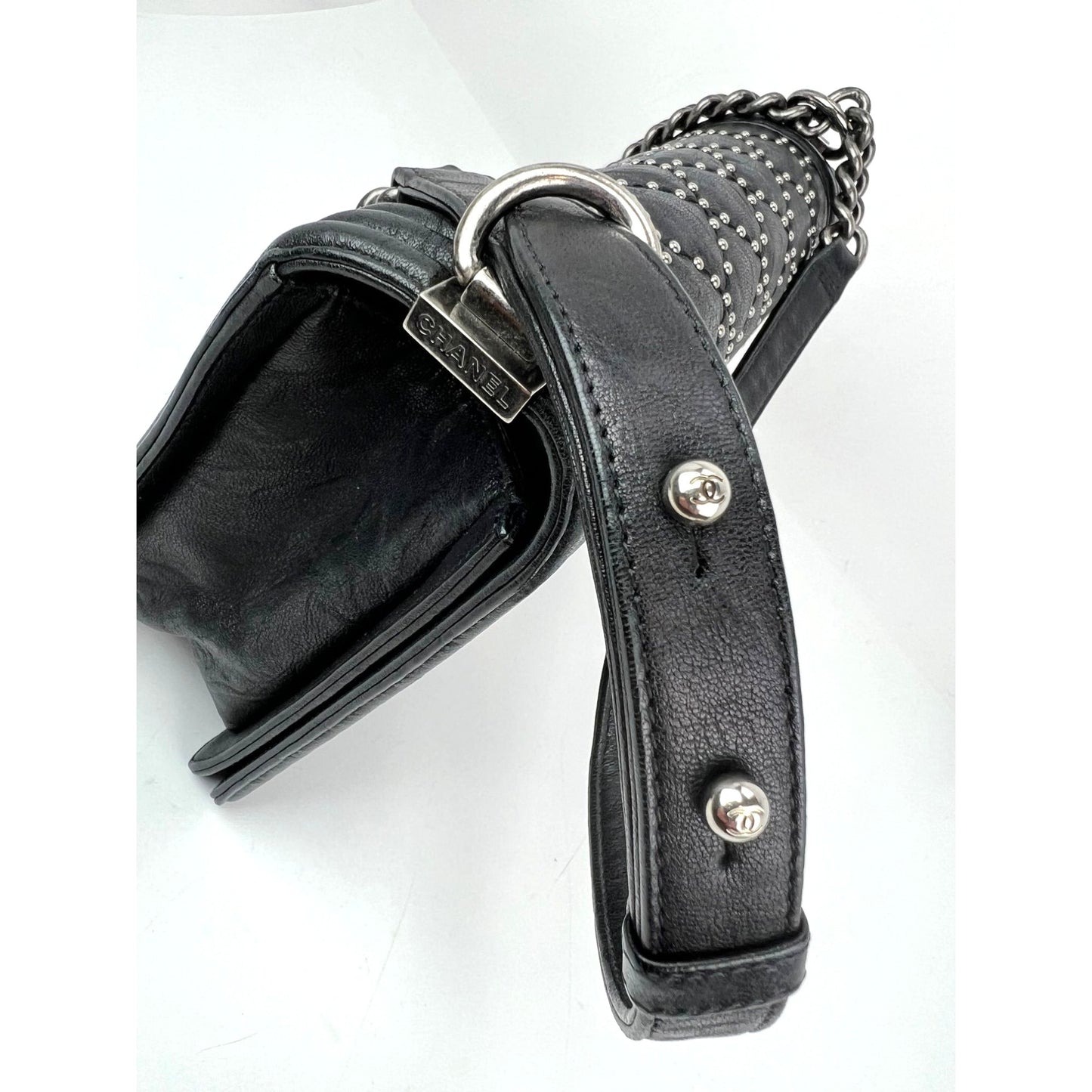 
                  
                    Chanel Crumpled Lambskin New Medium Studded Black Boy Flap Bag
                  
                