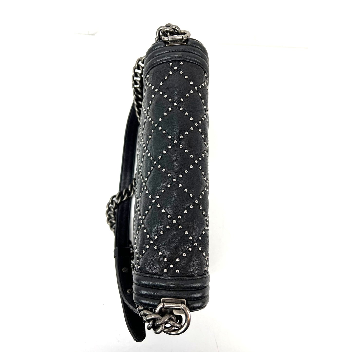 
                  
                    Chanel Crumpled Lambskin New Medium Studded Black Boy Flap Bag
                  
                