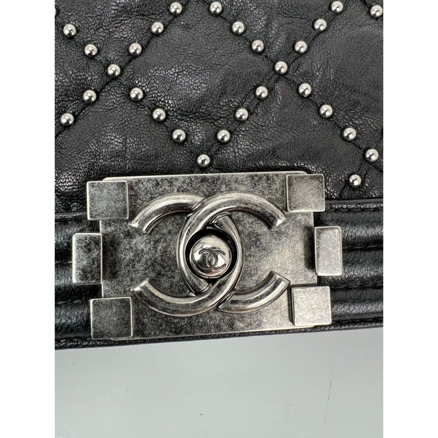 
                  
                    Chanel Crumpled Lambskin New Medium Studded Black Boy Flap Bag
                  
                