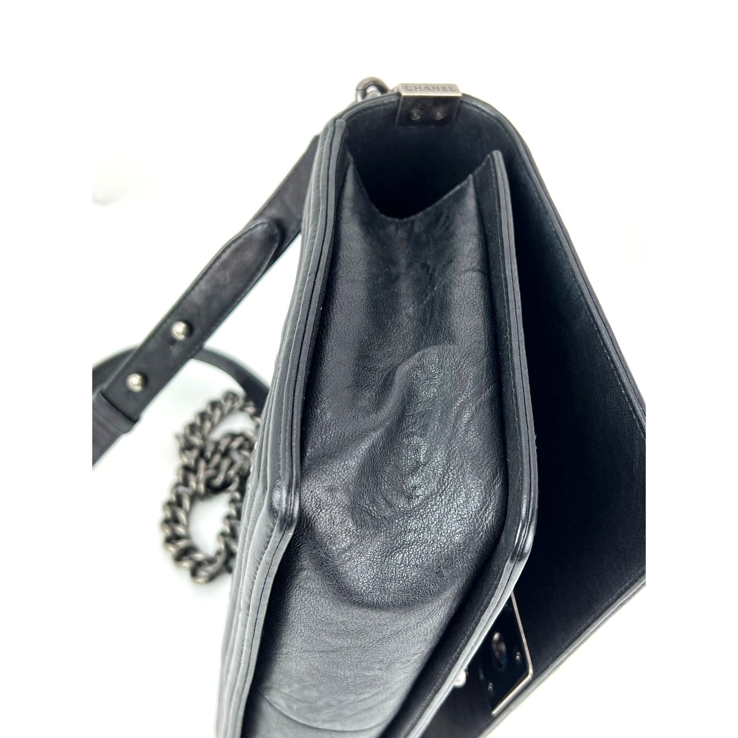 
                  
                    Chanel Crumpled Lambskin New Medium Studded Black Boy Flap Bag
                  
                