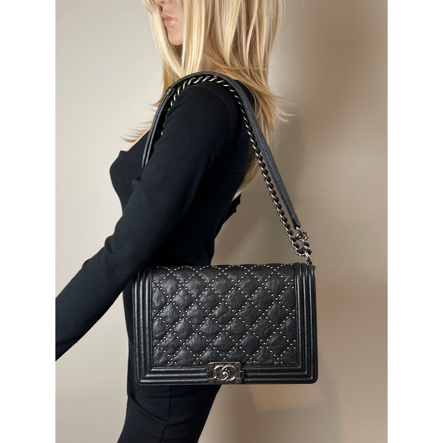 
                  
                    Chanel Crumpled Lambskin New Medium Studded Black Boy Flap Bag
                  
                