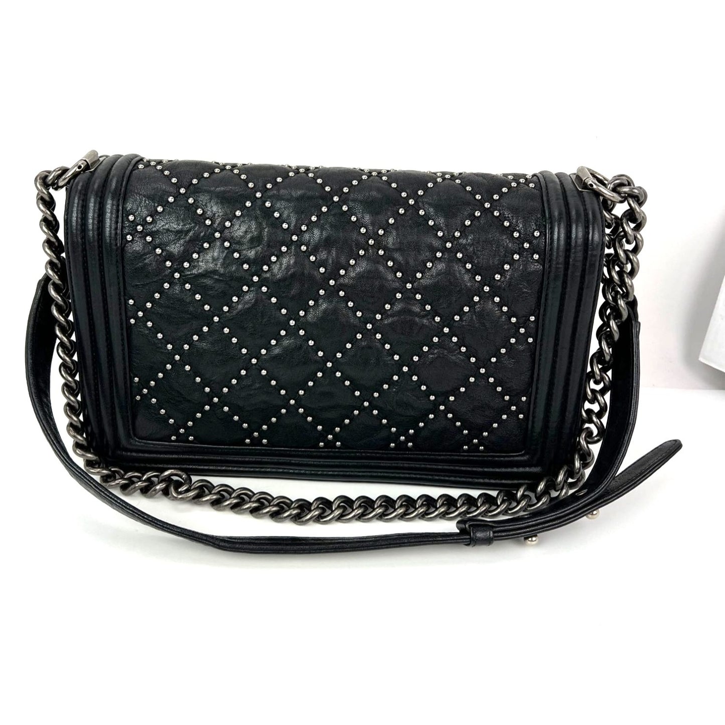 
                  
                    Chanel Crumpled Lambskin New Medium Studded Black Boy Flap Bag
                  
                