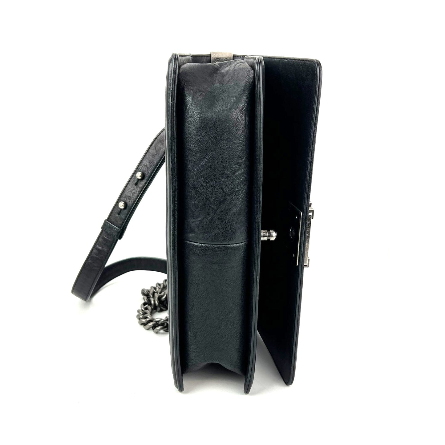 
                  
                    Chanel Crumpled Lambskin New Medium Studded Black Boy Flap Bag
                  
                