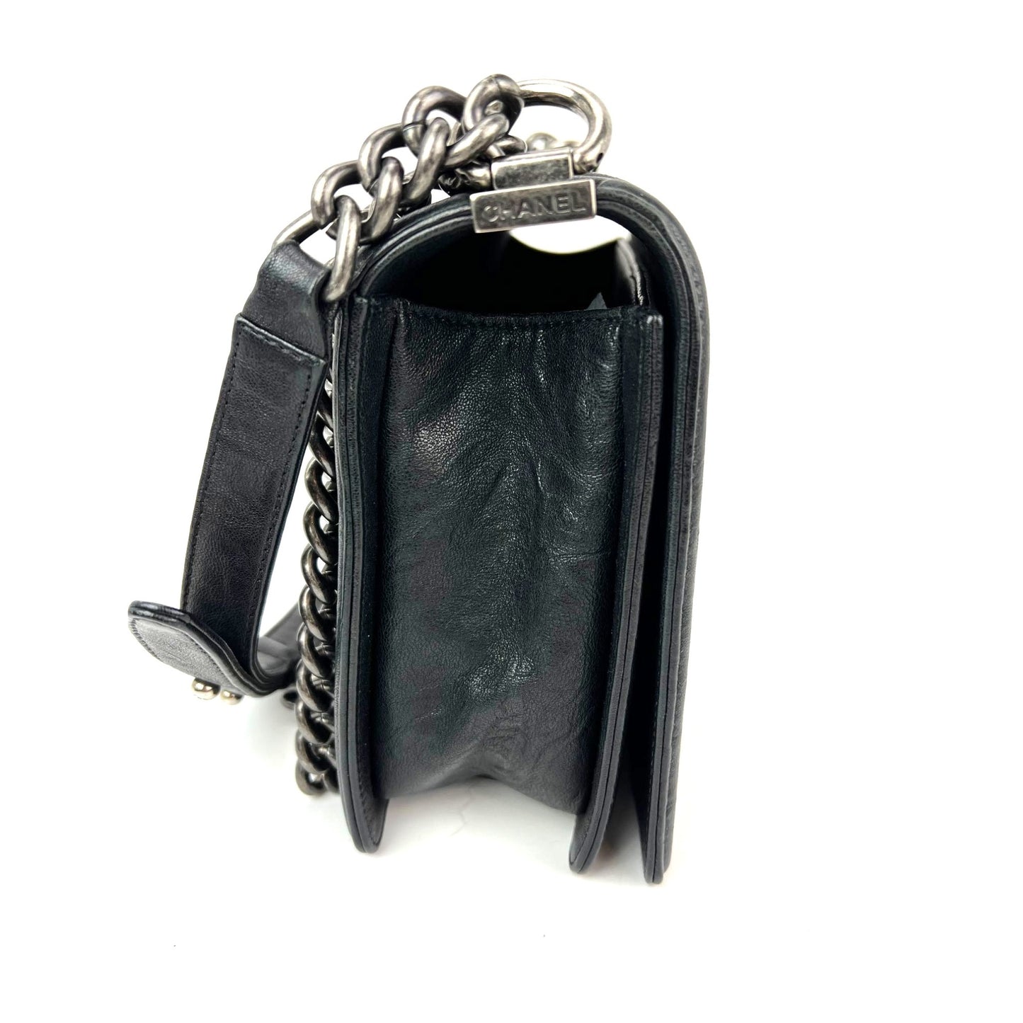 
                  
                    Chanel Crumpled Lambskin New Medium Studded Black Boy Flap Bag
                  
                