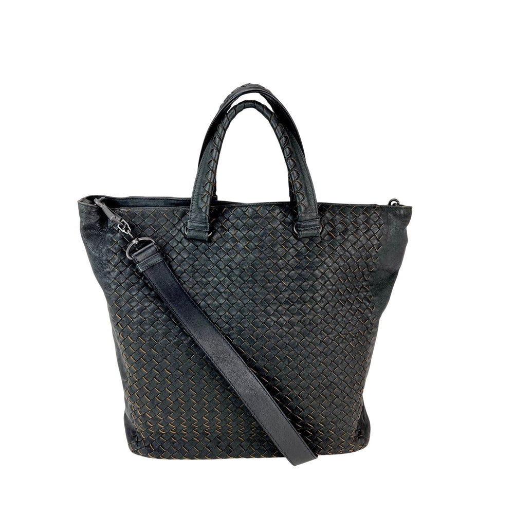 Bottega Veneta Intreciato Black leather zippered Messenger Tote Bag