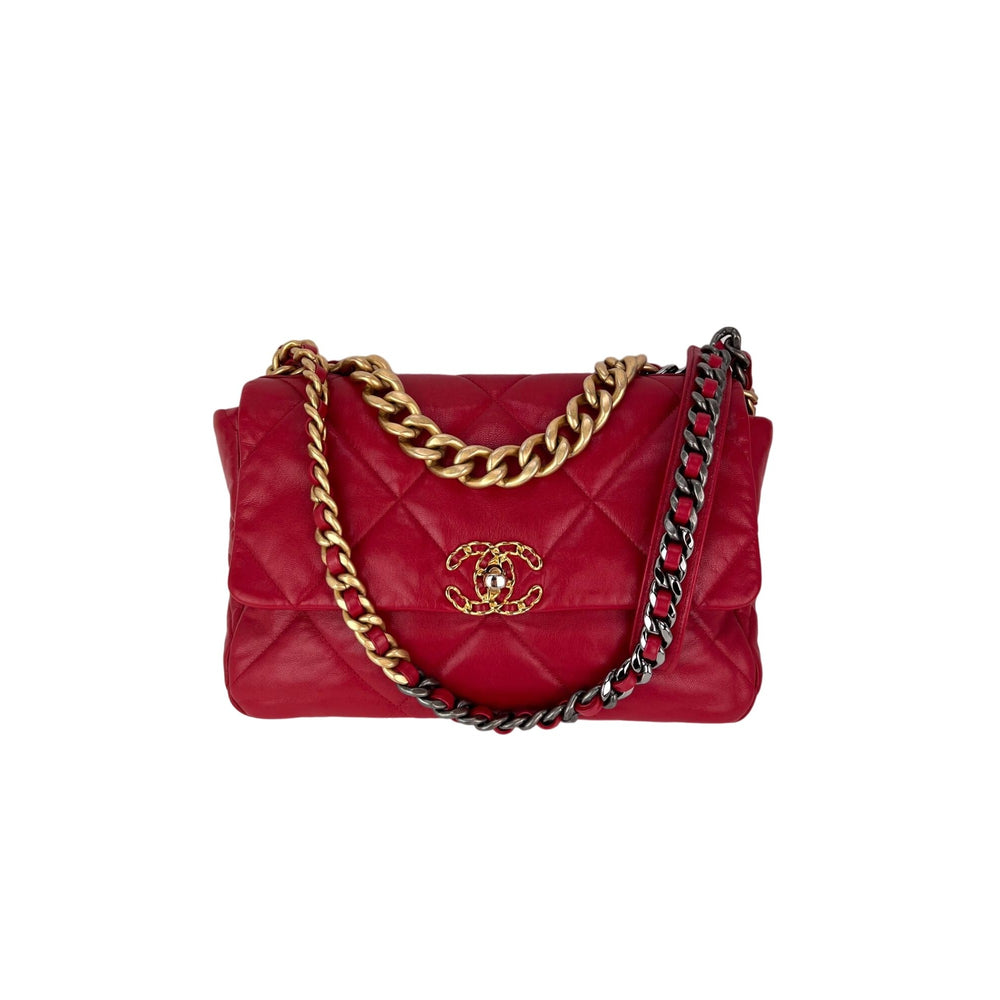 Chanel 19 Large Quilted Goatskin Silver and Gold Red Flap Bag